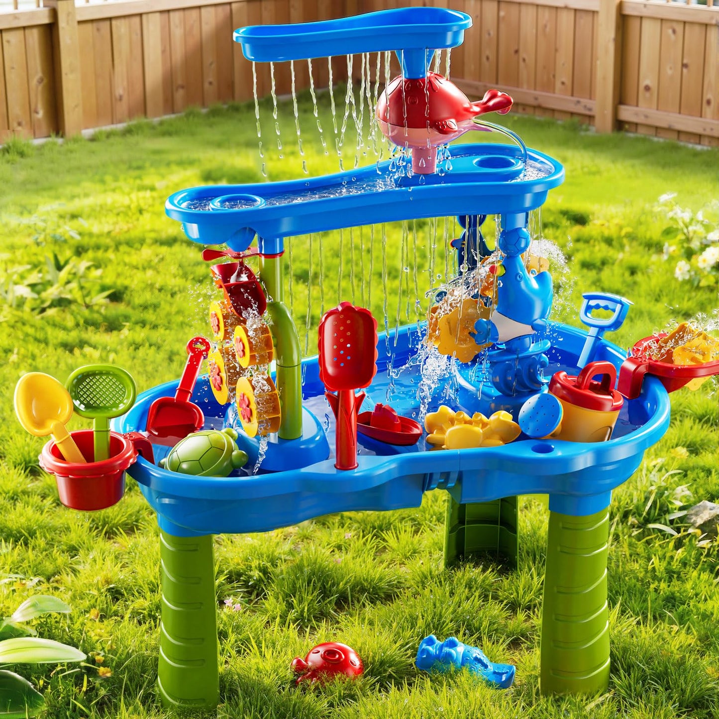 DULONIME 3-Tier Sand and Water Activity Table for Kids 3-8, Sensory Play Table with Waterfall Design & Beach Toy Set, Outdoor Backyard Playset for Toddlers 2-6, Great Birthday Present