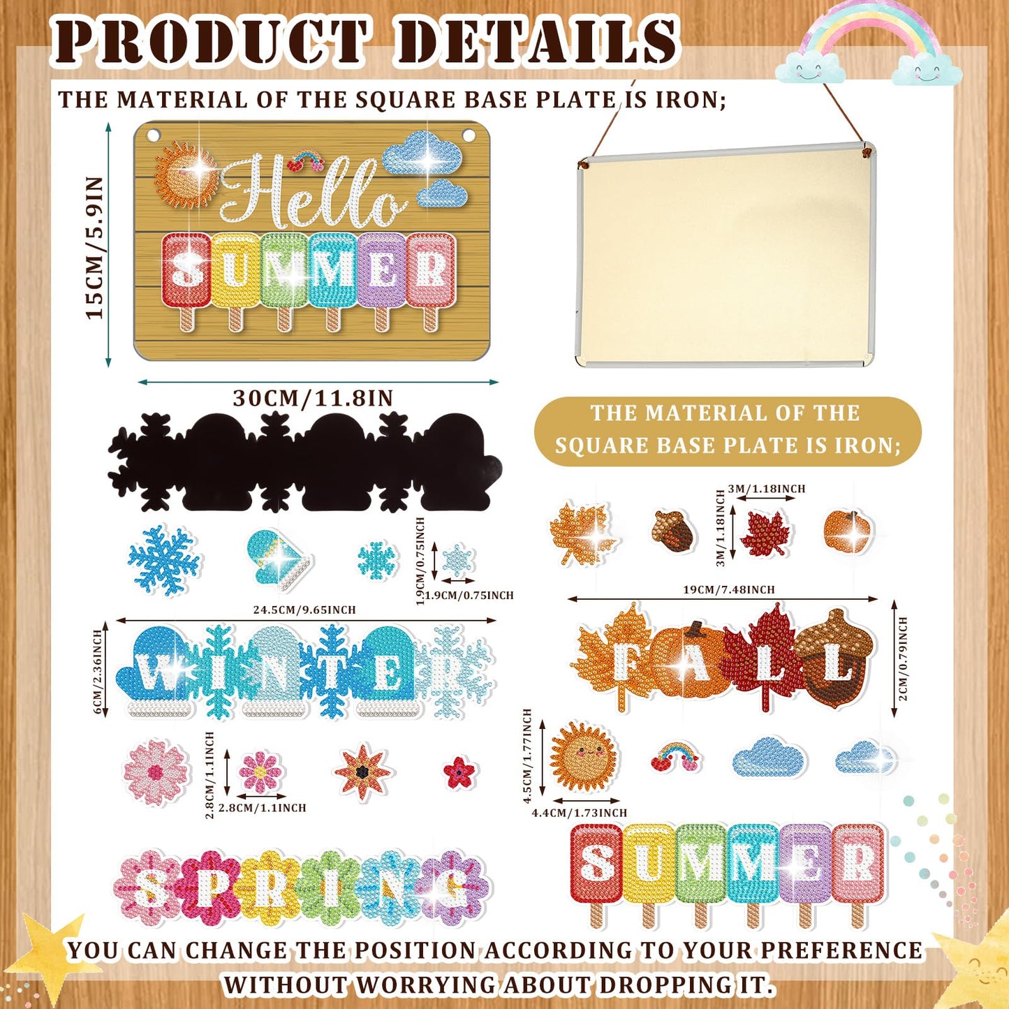 MiniInflat Hello Spring Interchangeable Sign Seasonal Diamond Art Painting Kits with 20 Interchangeable Magnetic Decor Farmhouse Spring Wall Hanging Diamond Painting Sign for Home Decoration(Brown)