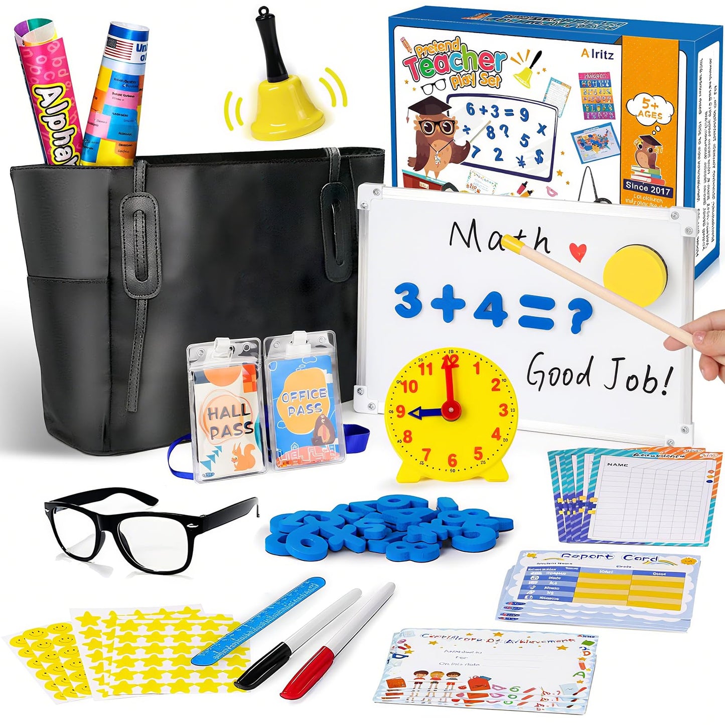 Alritz Pretend Play Teacher Set - Classroom Learning Education Includes Reusable White Board Bell Clock and More, Be Teacher Student, Gift for Boys Girls 5 6 7 8 9 10 11 12 +Years Old