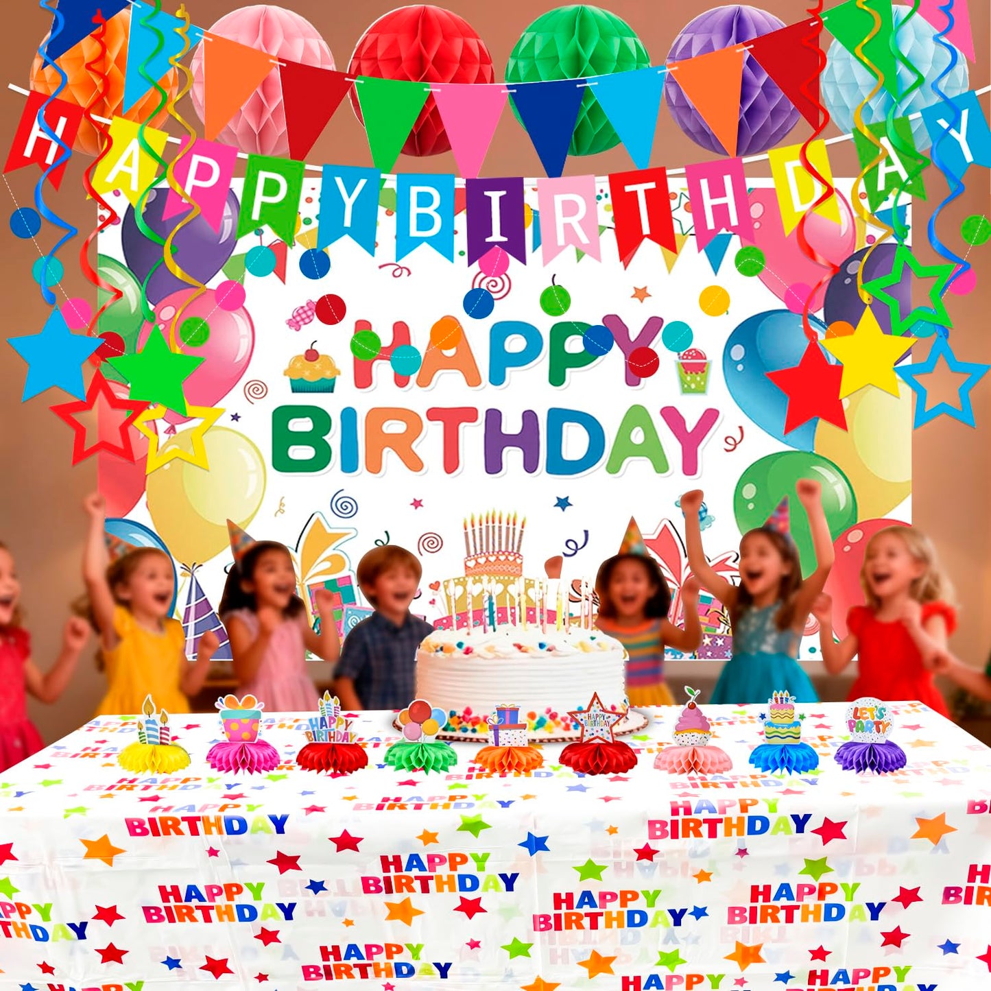 Happy Birthday Party Decorations Kit Includes Honeycomb Balls Star Hanging Swirls Backdrop Cloth Tablecloth Banners & Circle Garland Honeycomb Centerpieces for Party Supplies