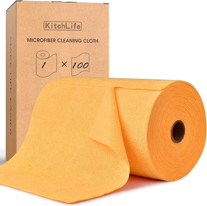 KitchLife Microfiber Cleaning Cloth Roll, 100 Pack - Tear-Away Microfiber Paper Towels, Lint-Free, Reusable, Washable for Kitchen, Car, Dishes, and Sensitive Surfaces (Tangerine Yellow)