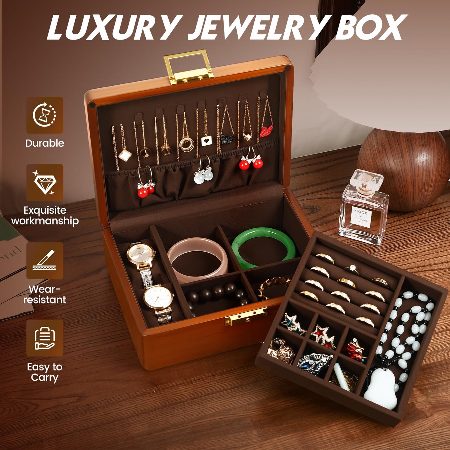 LIBOLXSP Solid Walnut Wood Jewelry Box with Lock,2 Layer Velvet Lined for Earrings Rings Necklaces Bracelets Watches,Both Style and Security, for Men Women,Vintage Brown