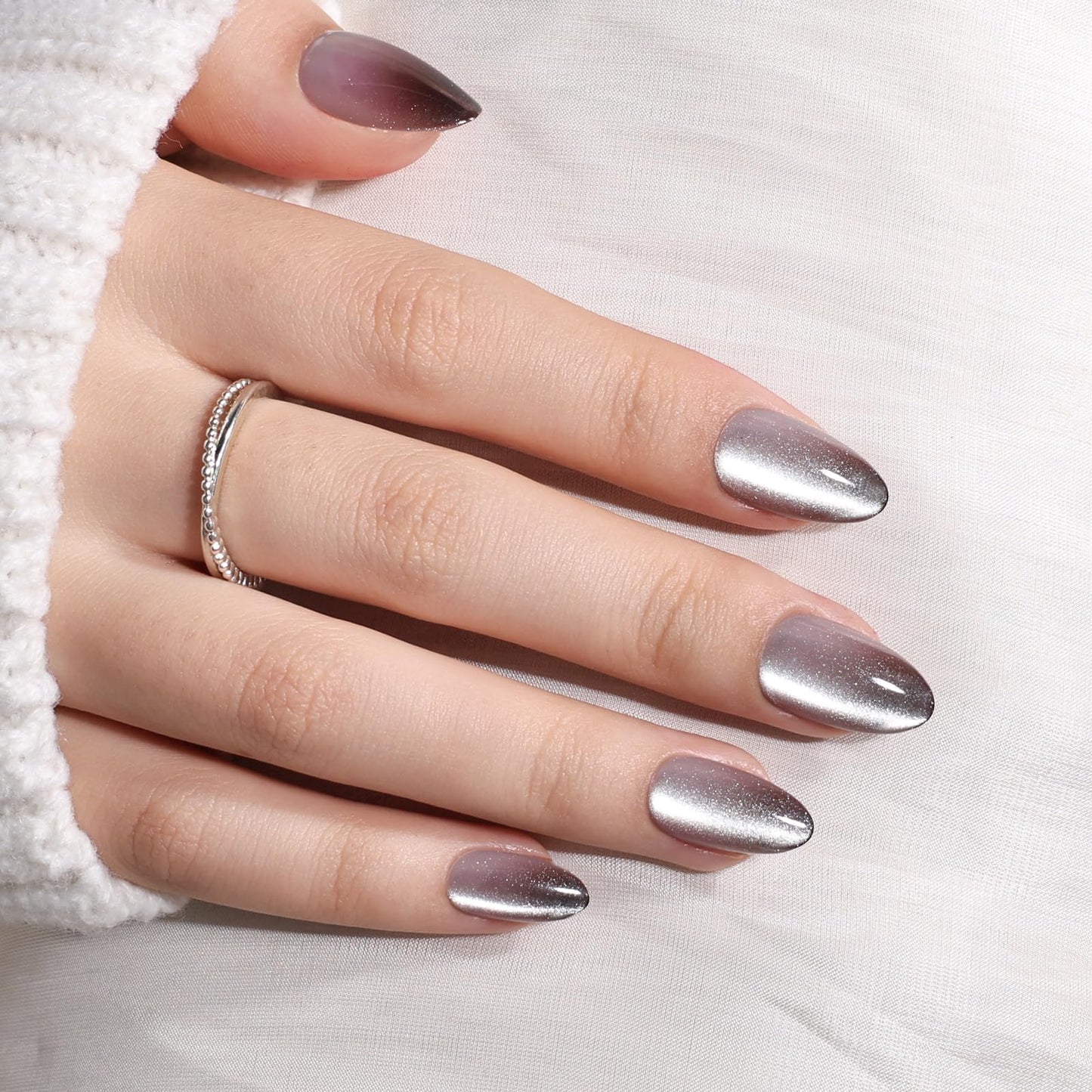 Black & White French Tip Cat Eye Press On Nails - Short Almond Press On Nails, Reusable Fake Nails with Glue, 32 PCS 16 Sizes