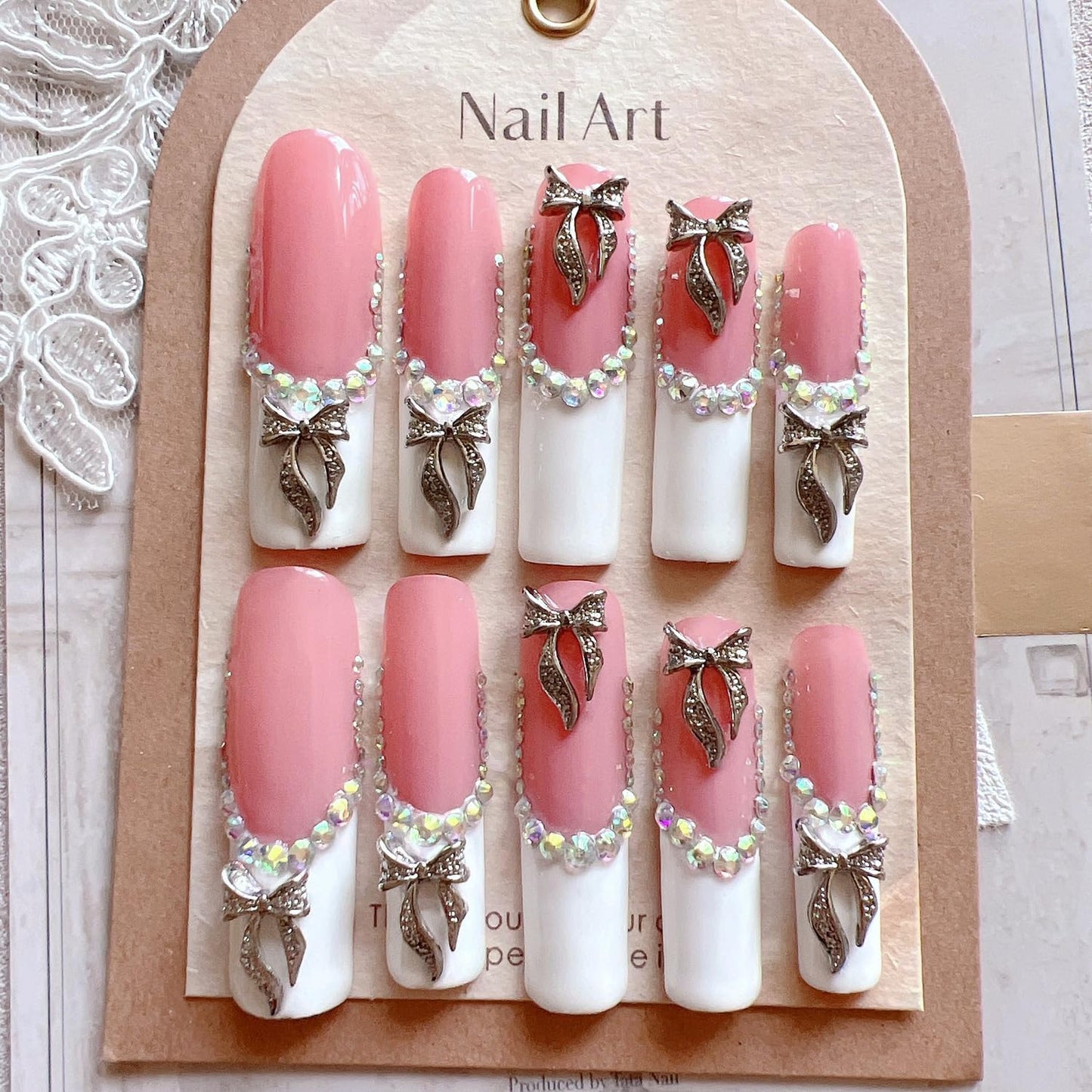 NAIL ANGEL 10PCS/SET Glamorous Handmade Press on nails Glitter Rhinestone with Metal 3D Bow Charms Long Coffin Nails Party Nails XXL Long Artifical Tips ZJ-08 (Multi-Color, ZJ-08-S)