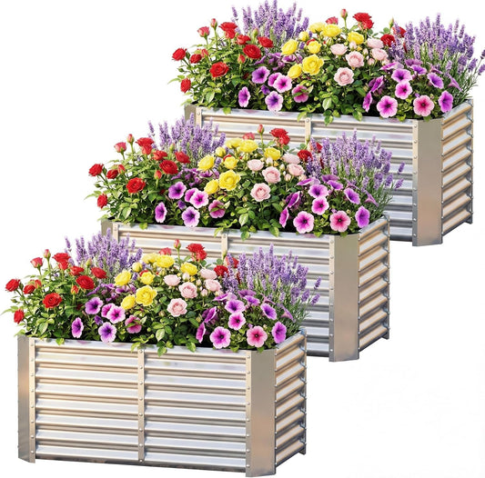 AHEONLAR 3 Pack 4×2×2ft Galvanized Raised Garden Beds, Rectangle Durable Planter Boxes Outdoor for Vegetables, Fruits, Flowers and Plants, Quick Assembly, Silver