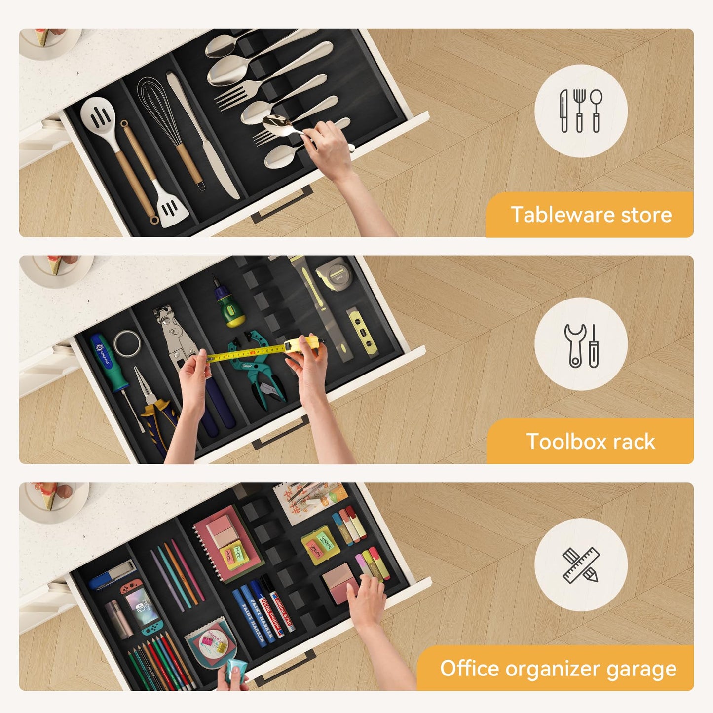 Yofidra Pure Bamboo Silverware Drawer Organizer: 16.5 Inch Large Silverware Utensil Tray Holder, 3-Compartment with 6 Card Slots Kitchen Flatware Organizer Home Essentials, 2024 New Upgrade