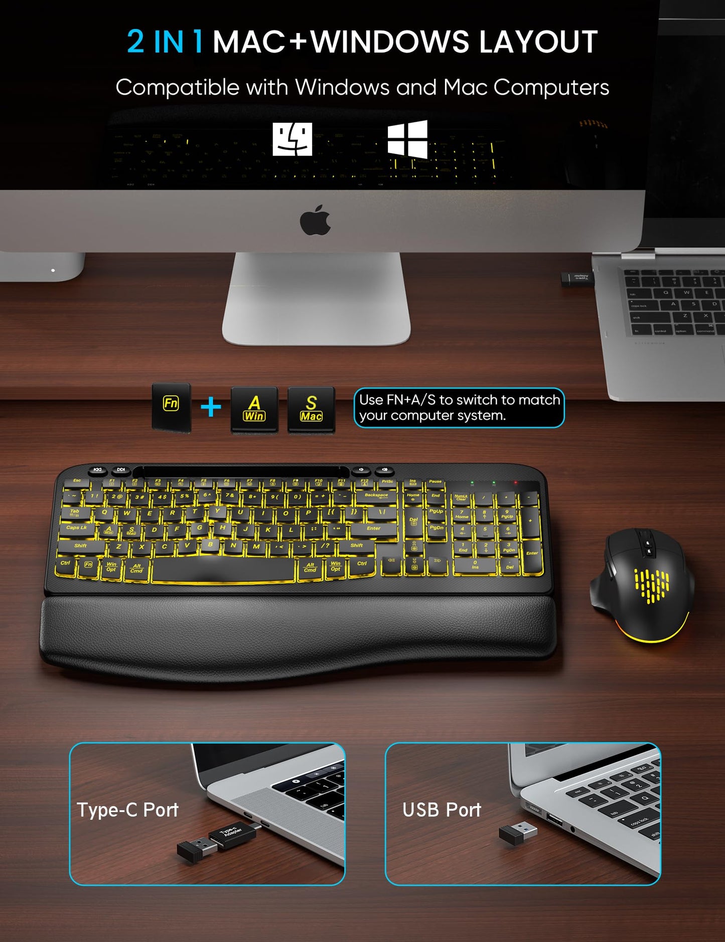 SABLUTE MA22 Pro Wireless Keyboard and Mouse Combo - Ergonomic Wave Keyboard with Soft Leather Wrist Rest, Phone Holder, Rechargeable, RGB Backlit Mouse, Full-Size Set for Windows/Mac/Computer