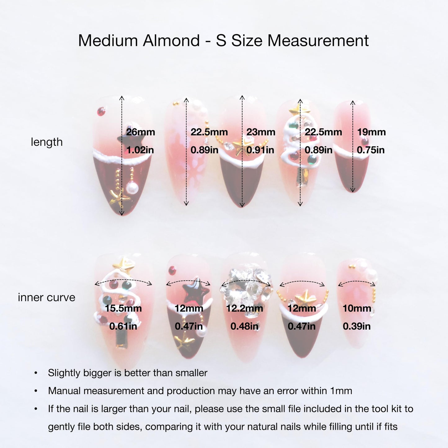GLORS Christmas Press-on Nails, Medium Length Almond Shape, 3D Design with Snowflakes and Trees, Red and Pink, 10 Pieces (Small, Almond)