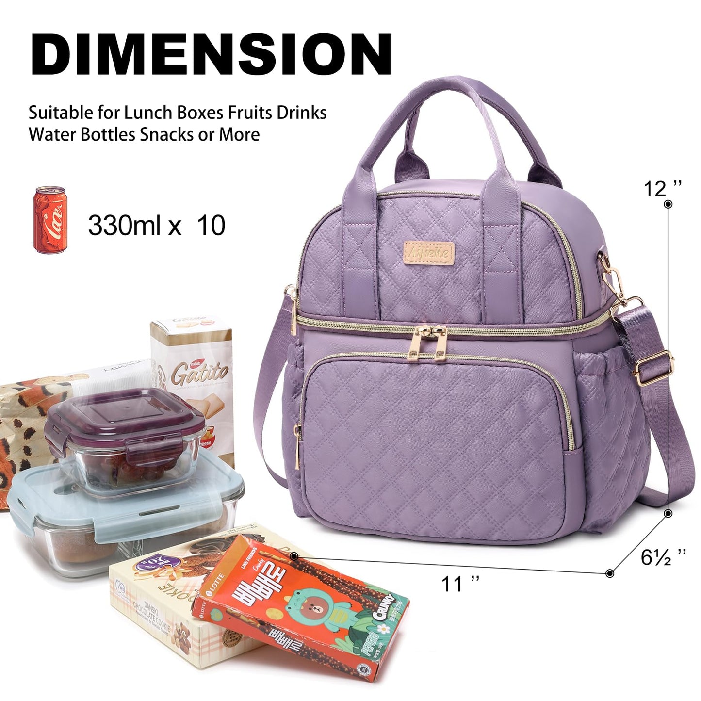 AIJIEKE Large Insulated Lunch Bag for Women, Double Compartment Leakproof Lunch Box for Work Office, Reusable Cooler Tote with Adjustable Strap & Side Pockets for Adults Picnic Beach, Purple