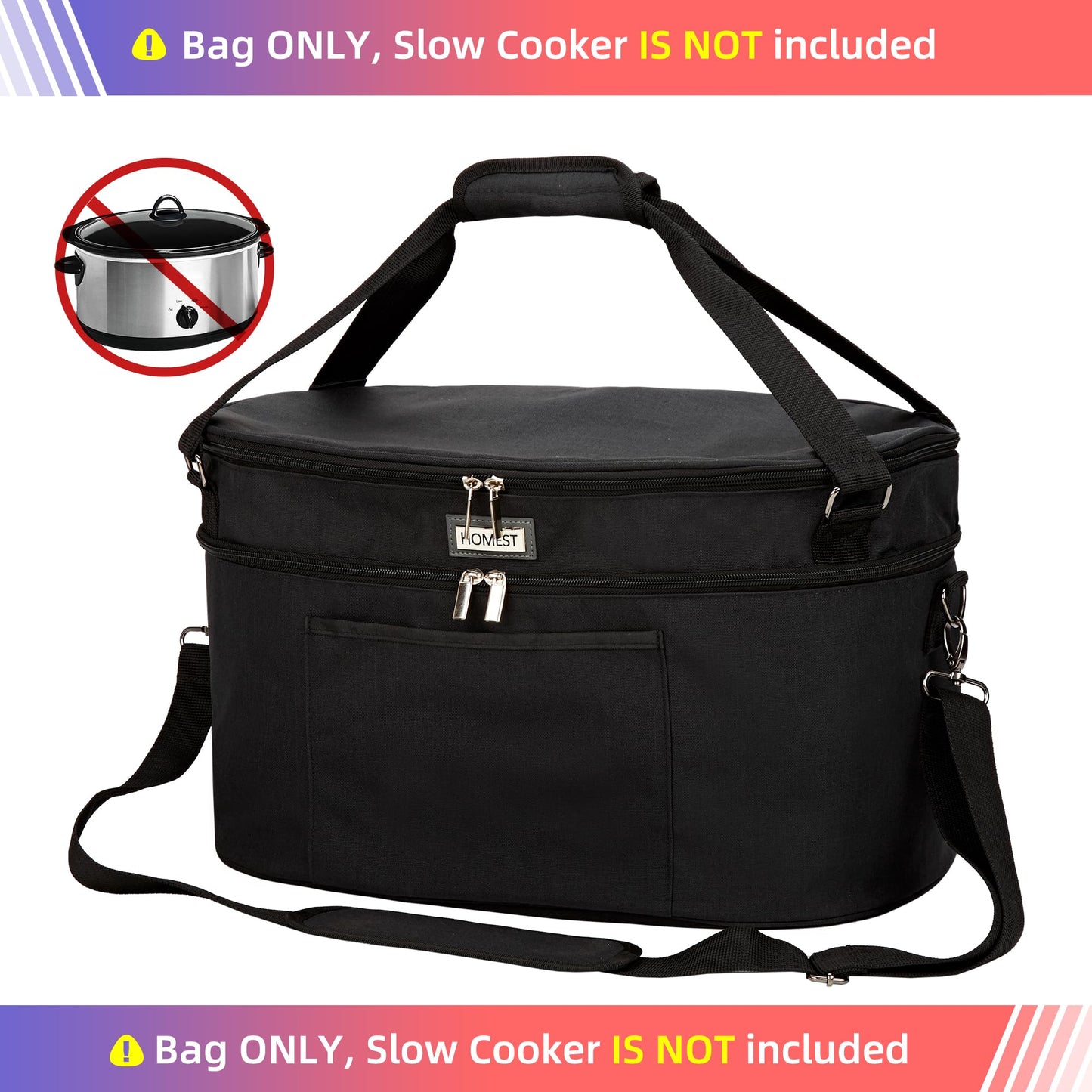 HOMEST Slow Cooker Bag for Crock-Pot 6-8 Quart, Insulated Travel Carrier with Easy to Clean Lining, Carry Case with Top Zip Compartment and Accessory Pocket