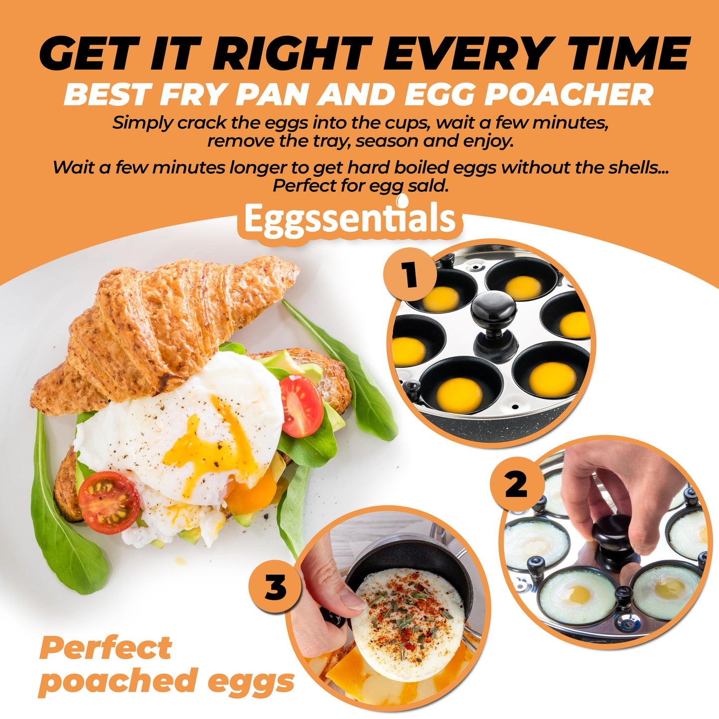 Eggssentials 2 IN 1 Egg Poacher Pan & Large Frying Pan - Poached Egg Maker, Granite Egg Poacher with 6 Cups - Egg Pan - 10 Inch Frying Pan Nonstick Omelette Pan