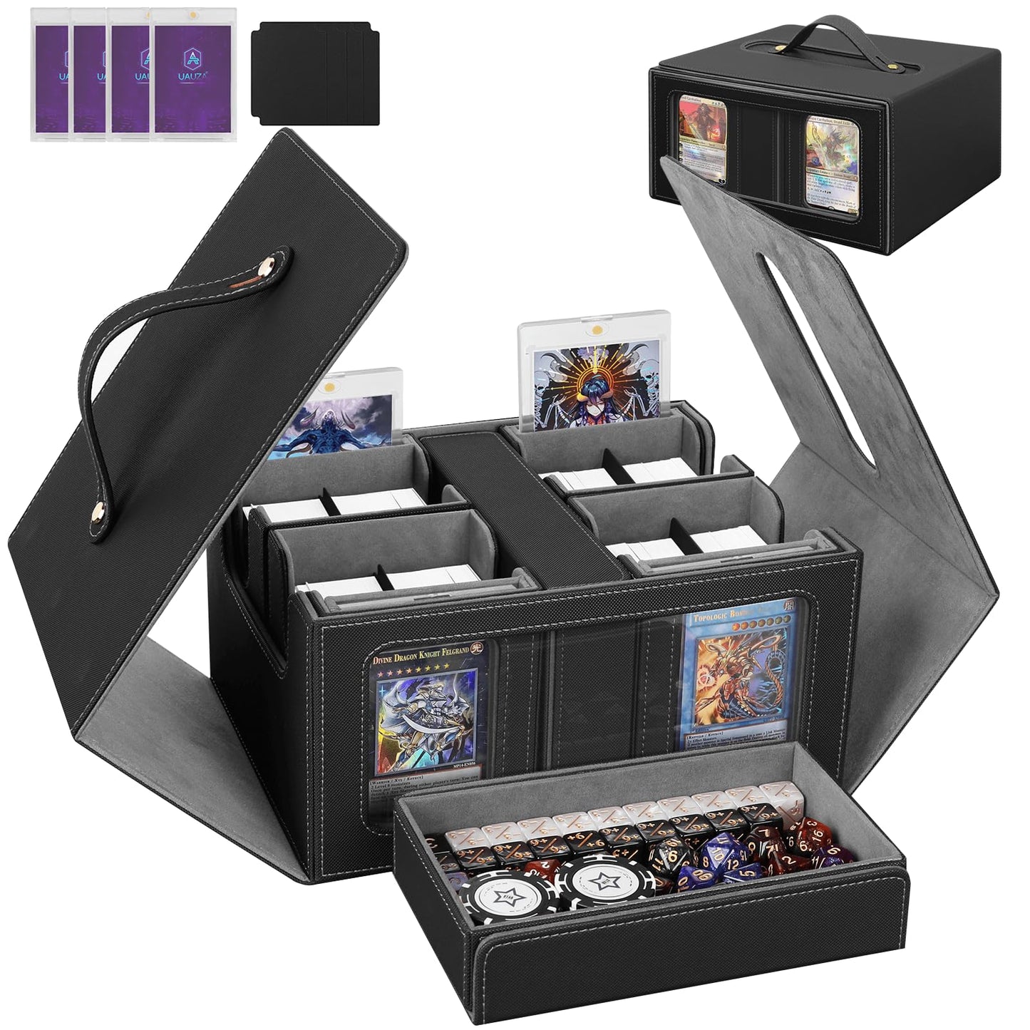 UAUZA Commander Deck Box for MTG, Holds 400+ Double-Sleeved Cards, Card Storage Case with Display Windows, Dice Tray & Handle, Trading Card Organizer with Dividers & Card Holders for TCG, Black Grey