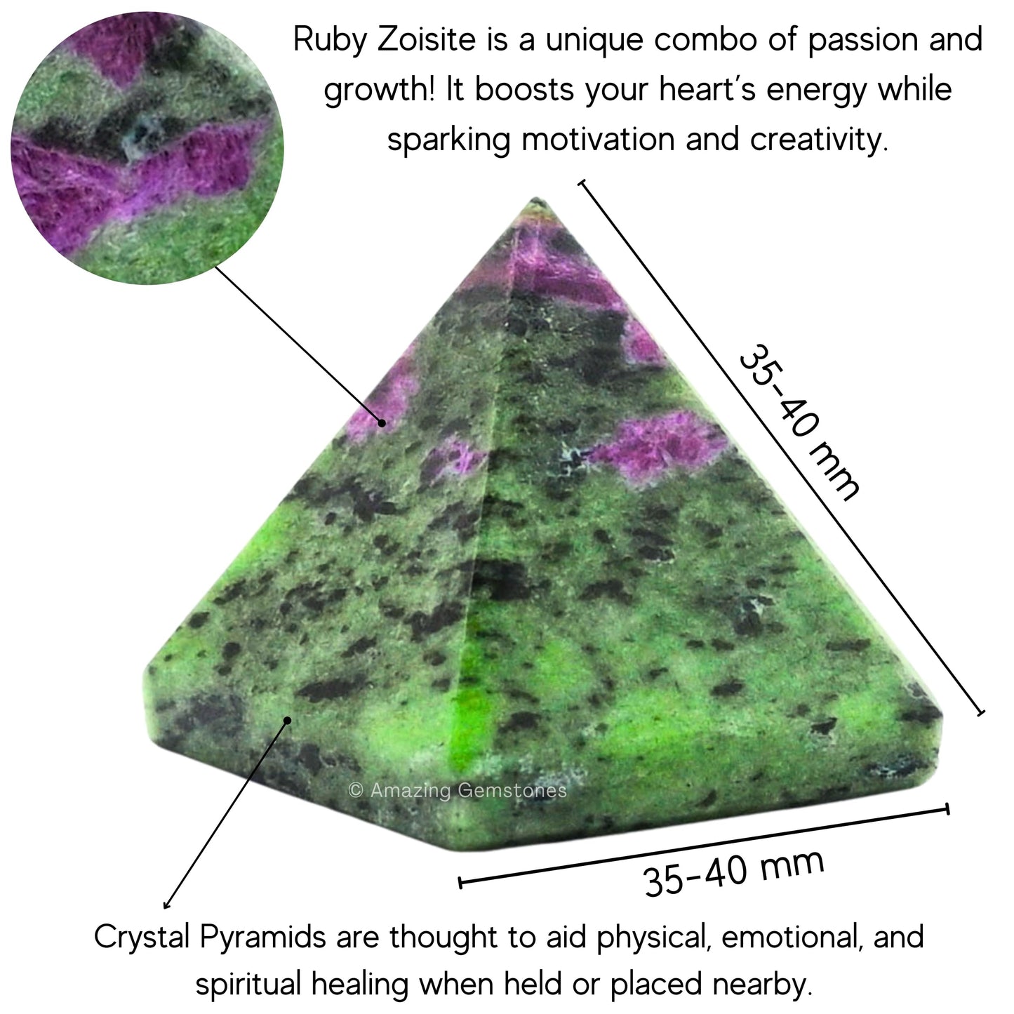 Amazing Gemstone Ruby Zoisite Pyramid Crystal Healing Stones - 1.5" Great Pyramid Figurine of Natural Stone Pyramid for Meditation, Reiki, Chakra Balancing and Crystal Pyramids Grid