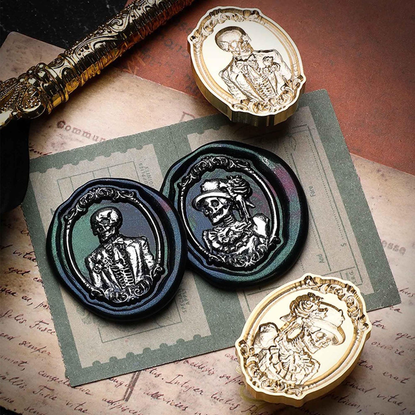 Ychostamp Skeleton Wax Seal Stamp - Halloween Sealing Wax Stamp, Skull Bridegroom Seal Head with Rose for Halloween Wedding Invitation Card, Envelopes, Gift Decoration
