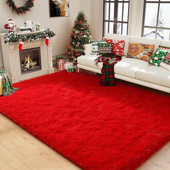 Amearea Premium Soft Fluffy Rug Modern Shag Carpet, 8x10 Feet, Fuzzy Shaggy Rugs for Bedroom Living Room Teen Apartment Decor, Comfortable Indoor Furry Dorm Carpets, Red