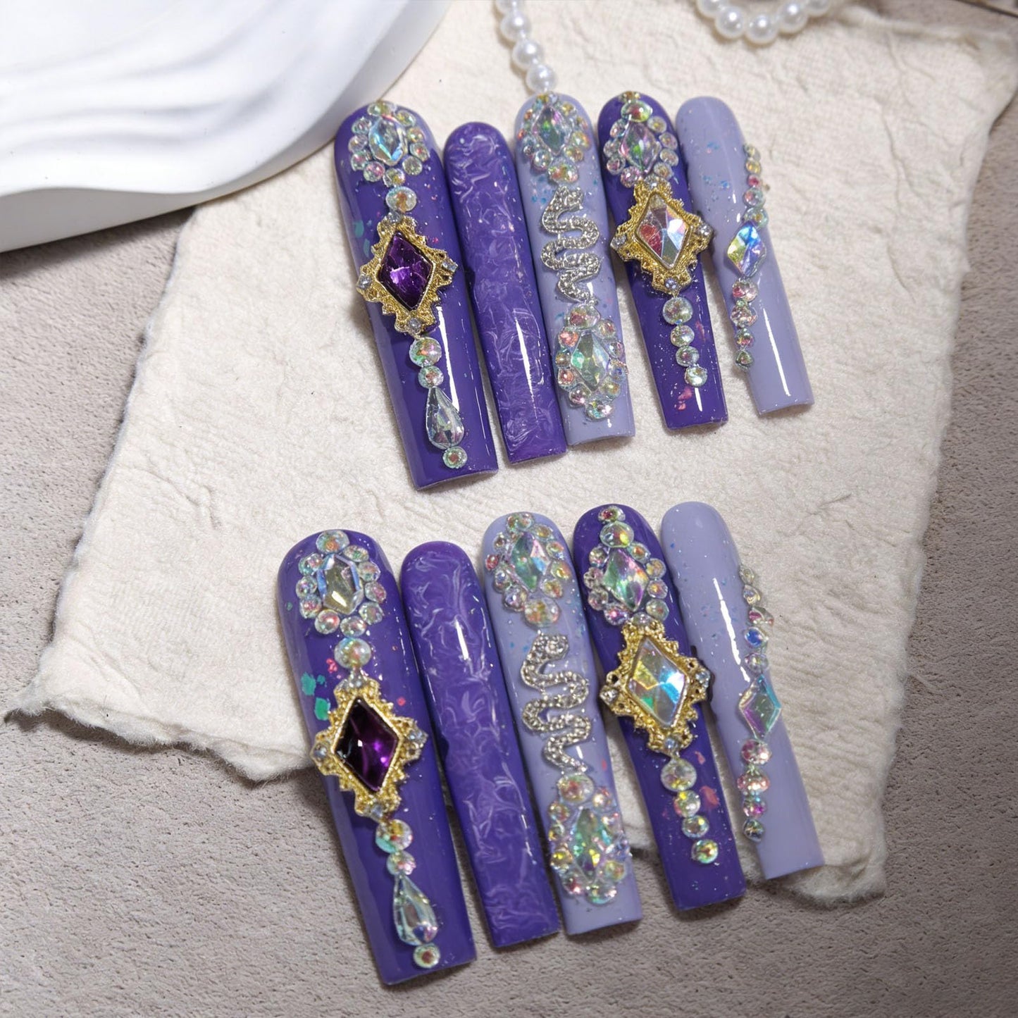 10 Pcs Extra Long Handmade Press on Nails Square Fake Nails with 3D Rhinestones Charms Design Purple Acrylic False Nails Wedding Party Long Press Ons Nails Square for Women - M Size