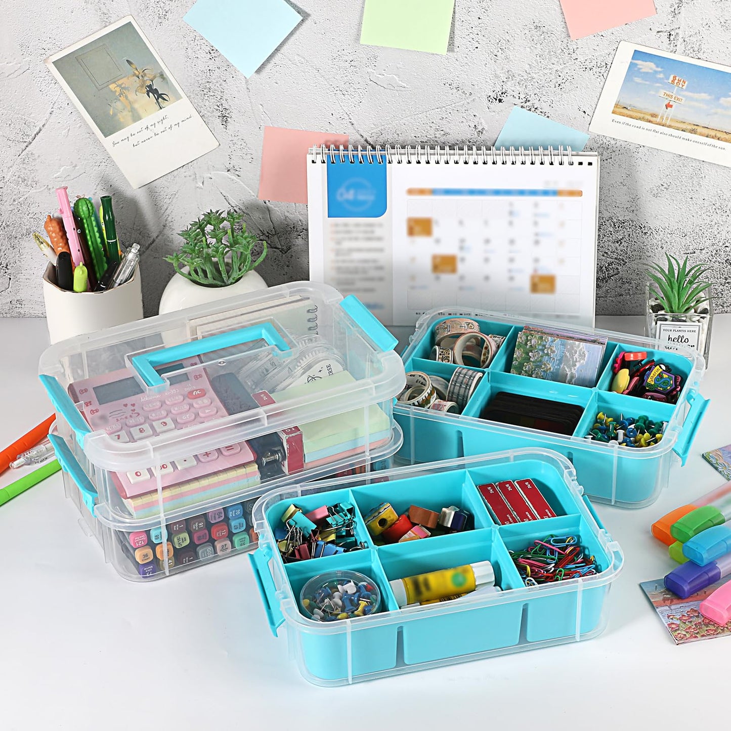 JUXYES 4-Tiers Stack Carry Storage Box With 2 Divided Tray, Transparent Stackable Storage Bin With Handle Lid Latching Storage Container for School & Office Supplies, Blue