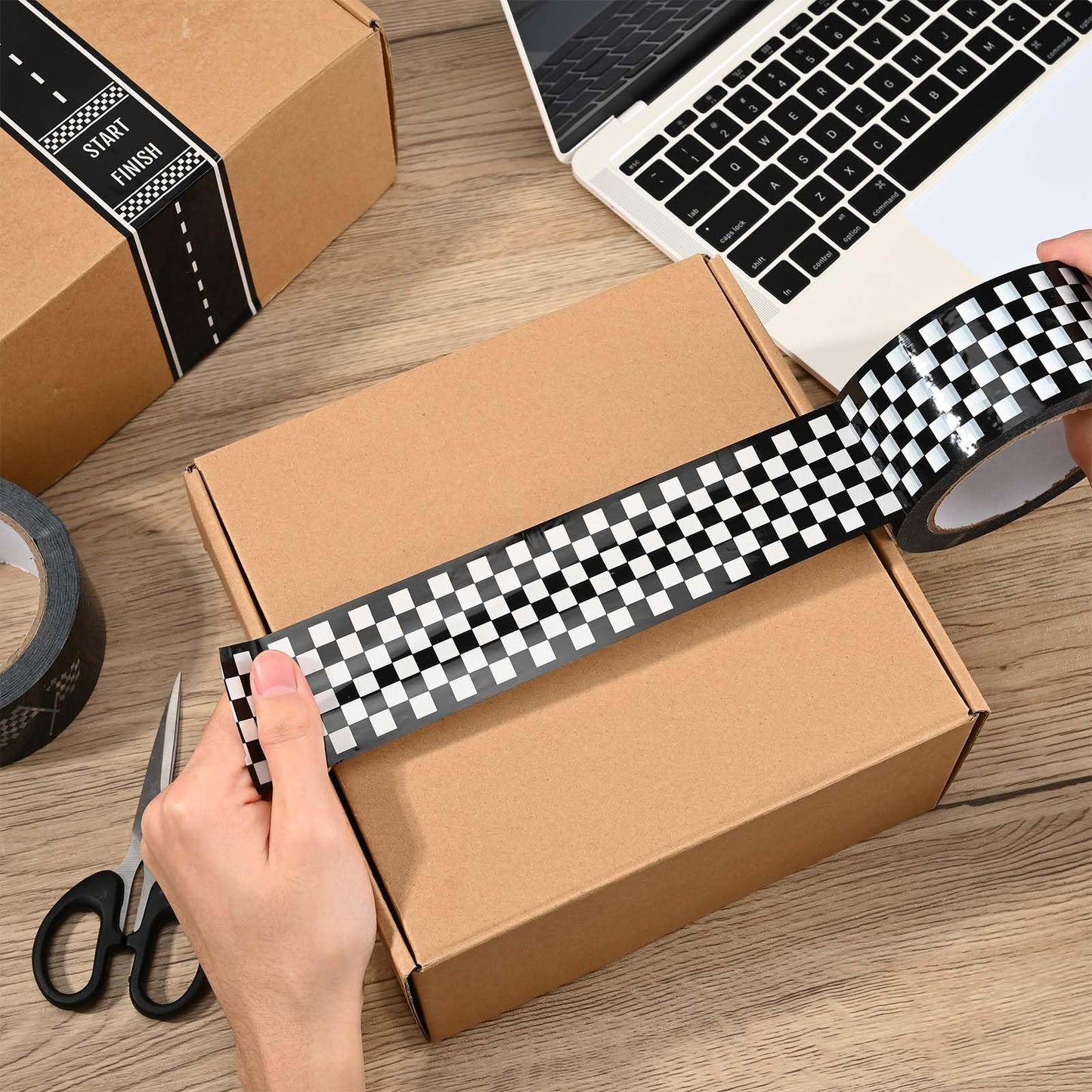 3 Rolls Black White Checkerboard Road Car Track Tape Checkered Flag Race Track Decorative Tapes for Box Scrapbook DIY Crafts Party Decorations,2Inches x 109Yards