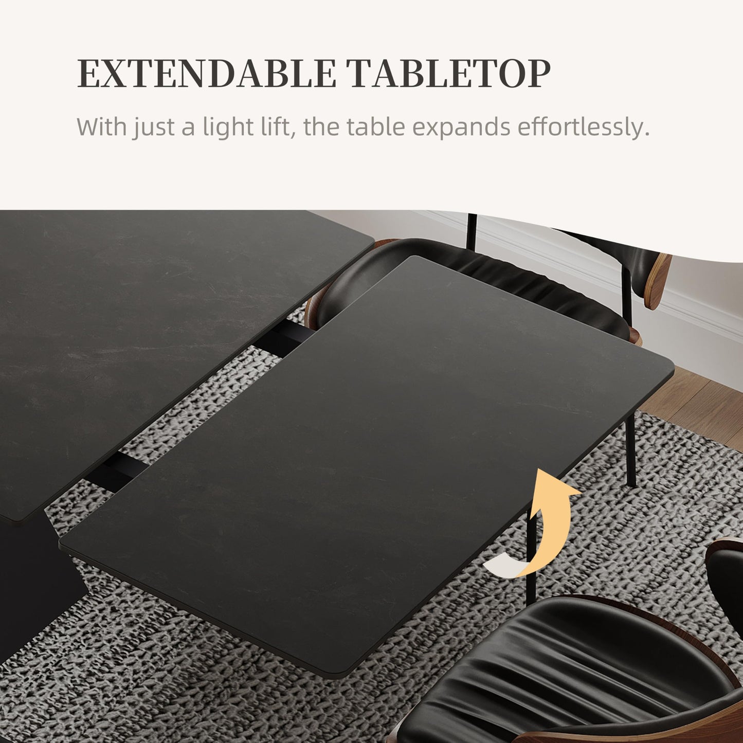 FHKJ Modern Expandable Dining Table- 63" to 94.5" Extendable Dining Room Table, Gray Sintered Stone Top with Black Metal Base - Seats 6-12, Easy Assembly (Table Only)
