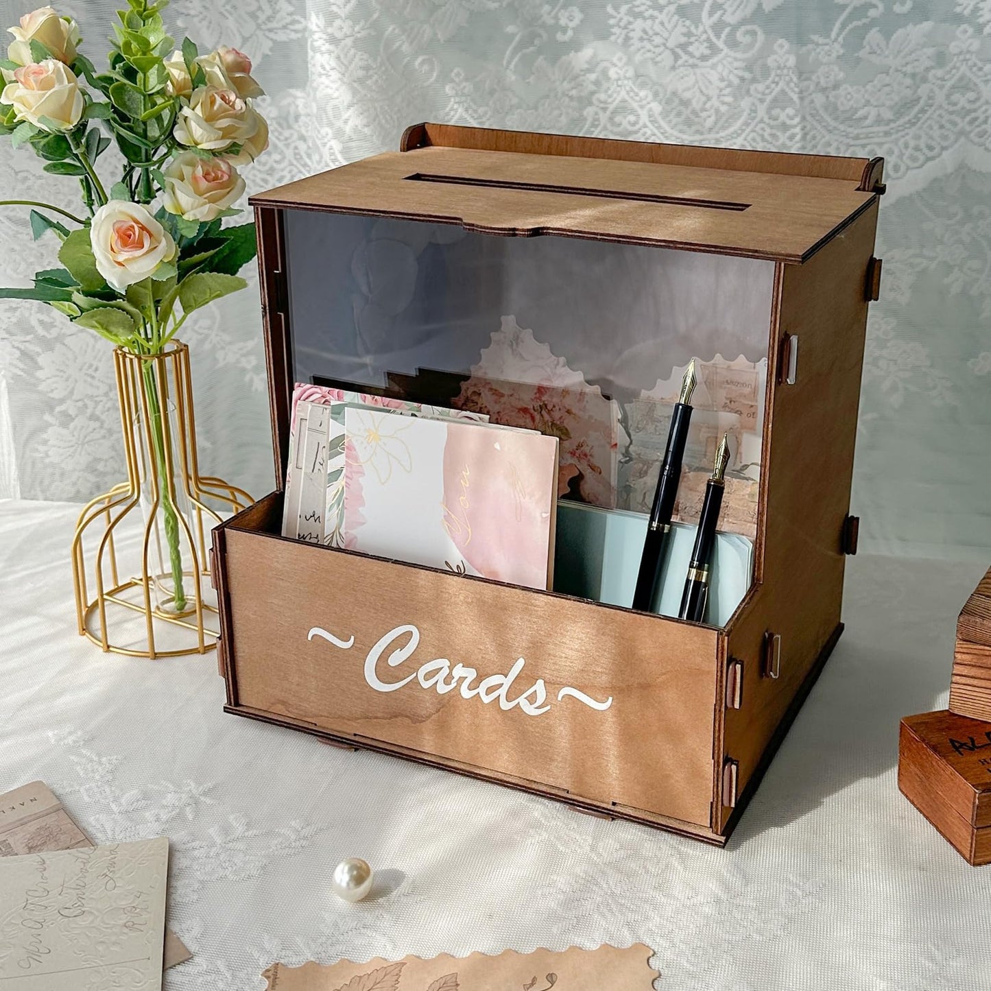 OurWarm Wooden Wedding Card Box with Flower Trough, Brown Gift Card Box for Wedding with Acrylic Board, Wedding Card Boxes for Reception Rustic Wedding Decor for Graduation Baby Showers Birthday Party