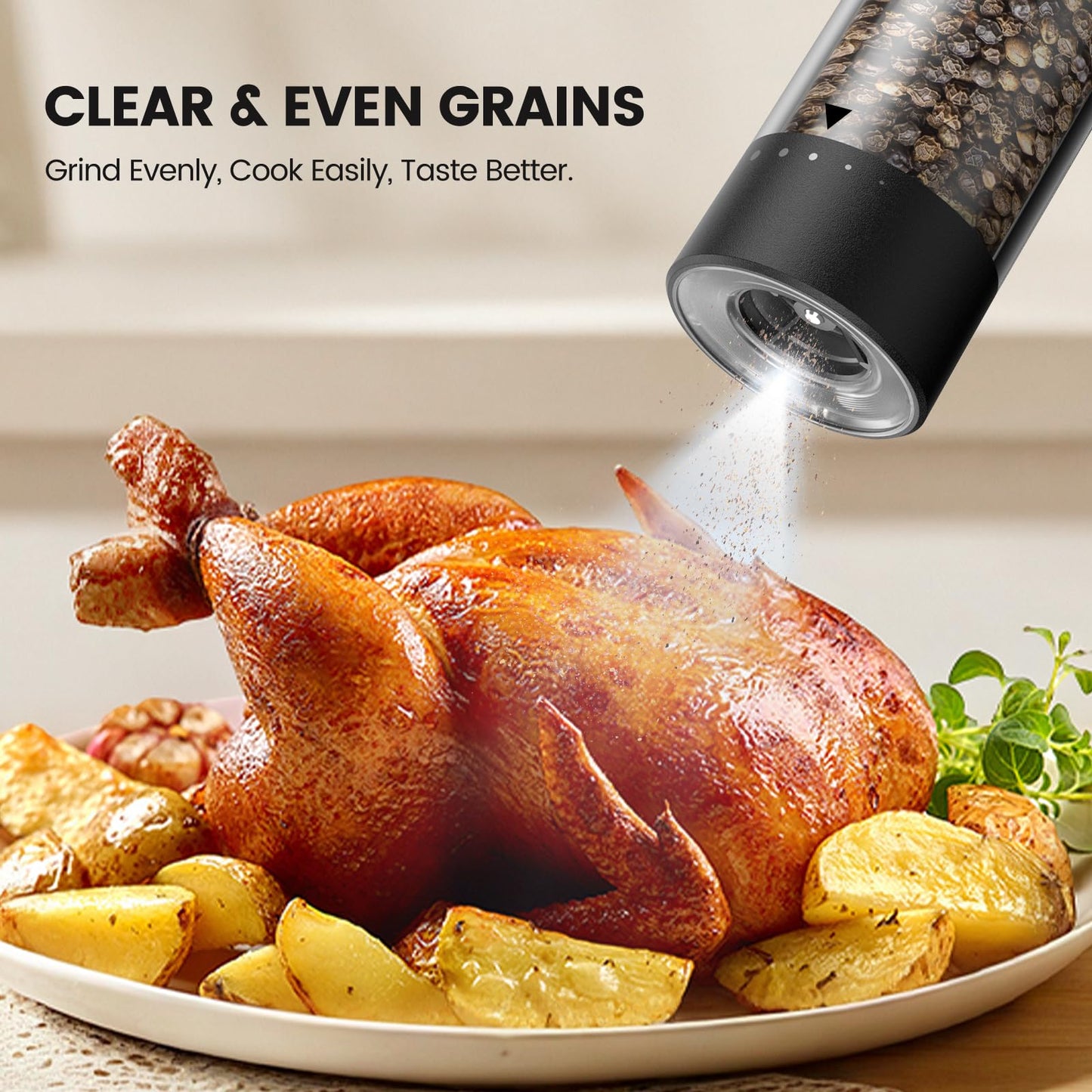 Electric Salt and Pepper Grinder Set - Rechargeable Automatic Salt and Pepper Shakers, Kitchen Appliances with External Adjustable Coarseness, Larger Hopper for Cooking, Home Gifts(2 Pack,Black/White)