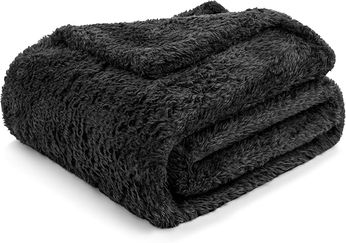 PAVILIA Sherpa Throw Blanket for Couch Sofa, Black Fluffy Warm Plush Blanket for Twin Bed, Cozy Super Soft Lightweight Throw, Fuzzy Decorative Blanket, All Season Home, 60x80
