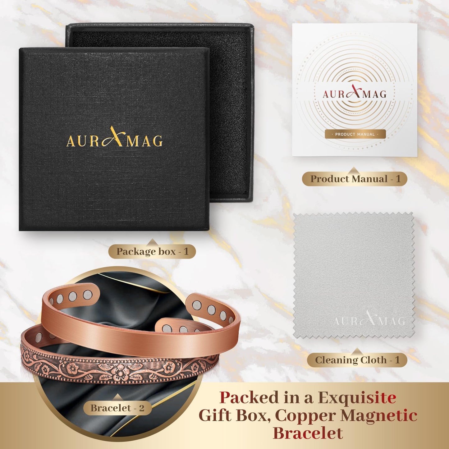 Auramag Magnetic Bangle for Women, Copper Cuff Bangle with 3500 Gauss Magnets, 100% Pure Copper Jewelry Gift Adjustable (2 PCS)