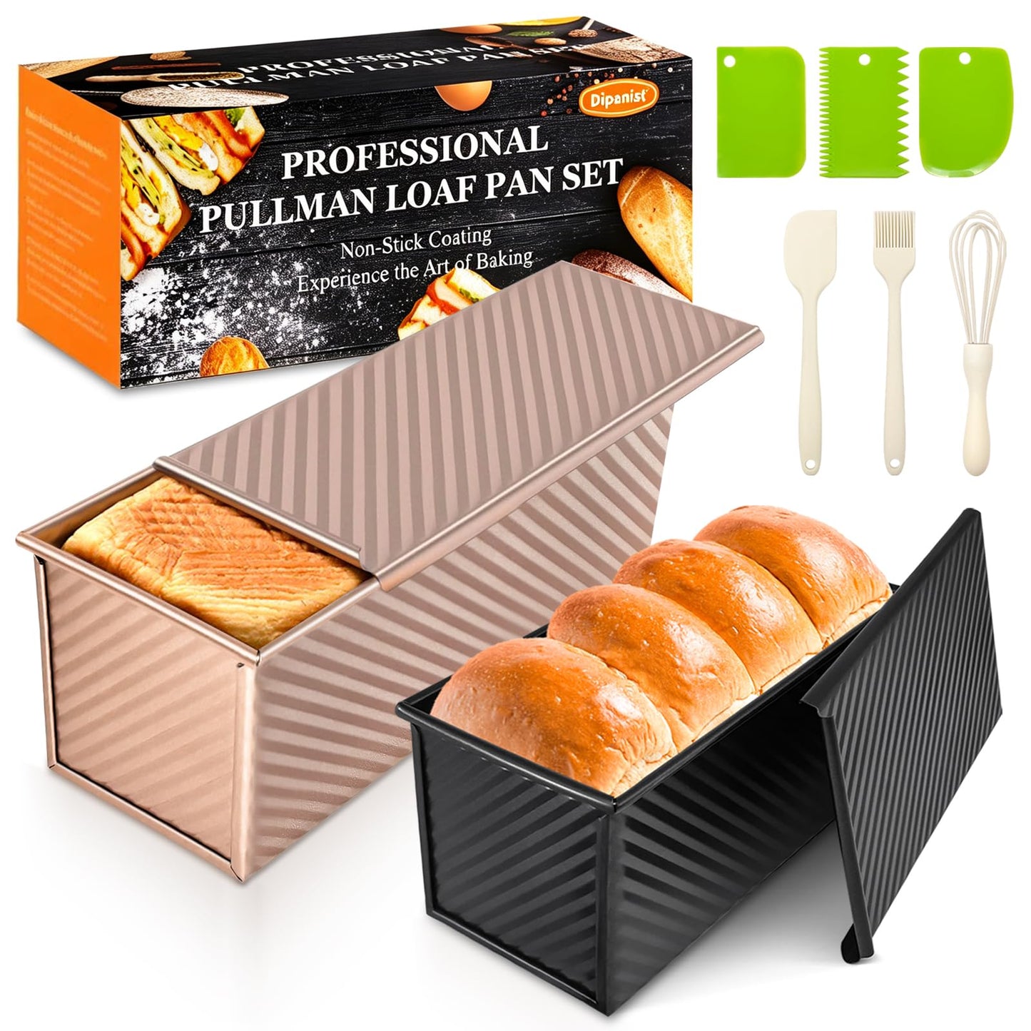 Dipanist 2Pack Pullman Loaf Pans with Lids – 2.2 LB & 1 LB Dough Capacity, Non-Stick Carbon Steel Bread Pans for Homemade Sandwich and Sourdough Bread, Corrugated Toast Mold