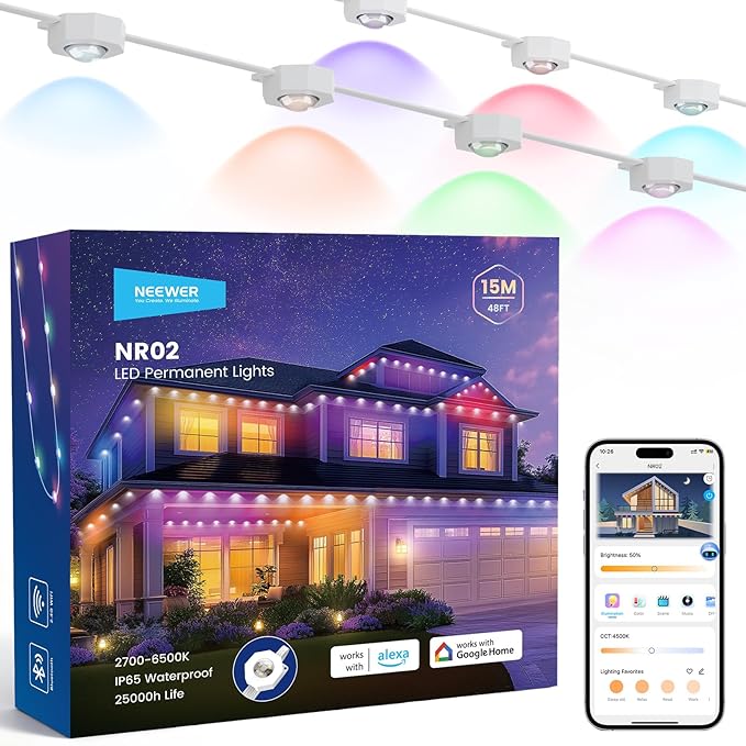 NEEWER 48ft Permanent Outdoor Lights for House Decor, Smart AI RGBCW Outside Eaves String Christmas Lighting with 30 LED Lights App Control 50+ Scenes IP65 Waterproof, Compatible with Alexa, NR02
