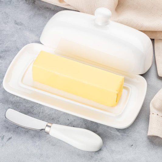 Zulay Kitchen Ceramic Butter Dish with Lid For Countertop & Stainless Steel Knife – Keeps Butter Soft & Fresh – White Butter Dish with Easy-Grip Knob, Durable & Everyday Butter Holder for Home - White