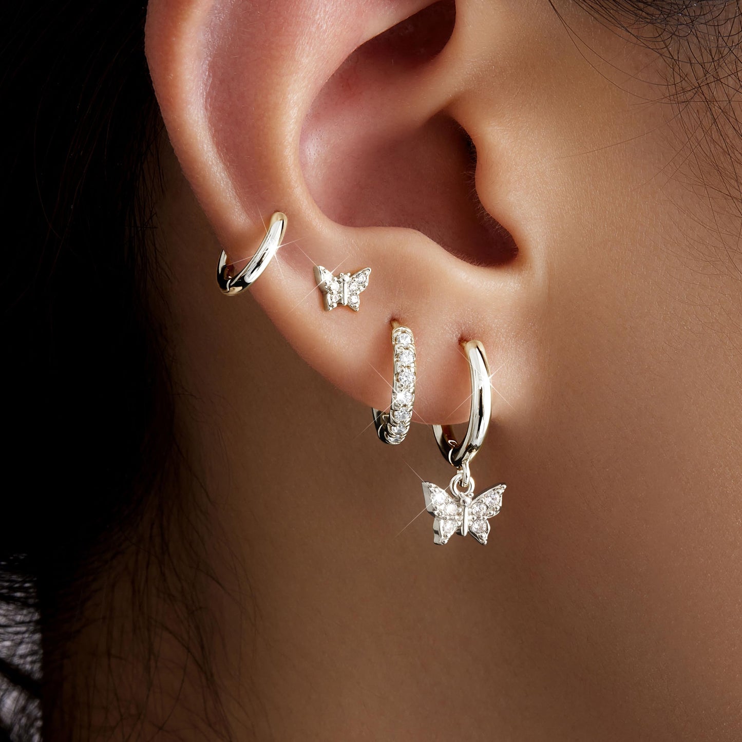 Silver Butterfly Earrings for Women, Huggie Small Stack Cartilage Stud Hoop Earring Sets for Multiple Double Piercing, Conch Helix Rook Tragus Daith Piercing Silver Clip On Jewelry Set Gifts