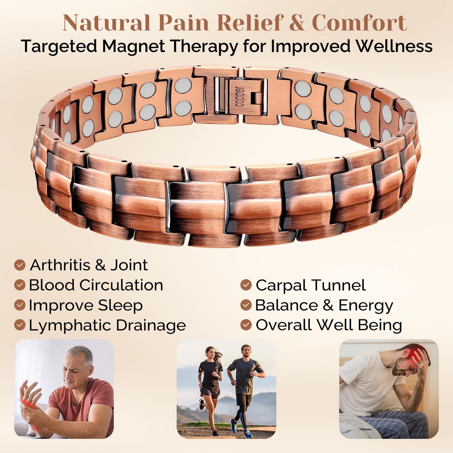 JEROOT Men's 99.99% Pure Copper Magnetic Bracelet, 3500 Gauss Magnets Adjustable with Sizing Tool