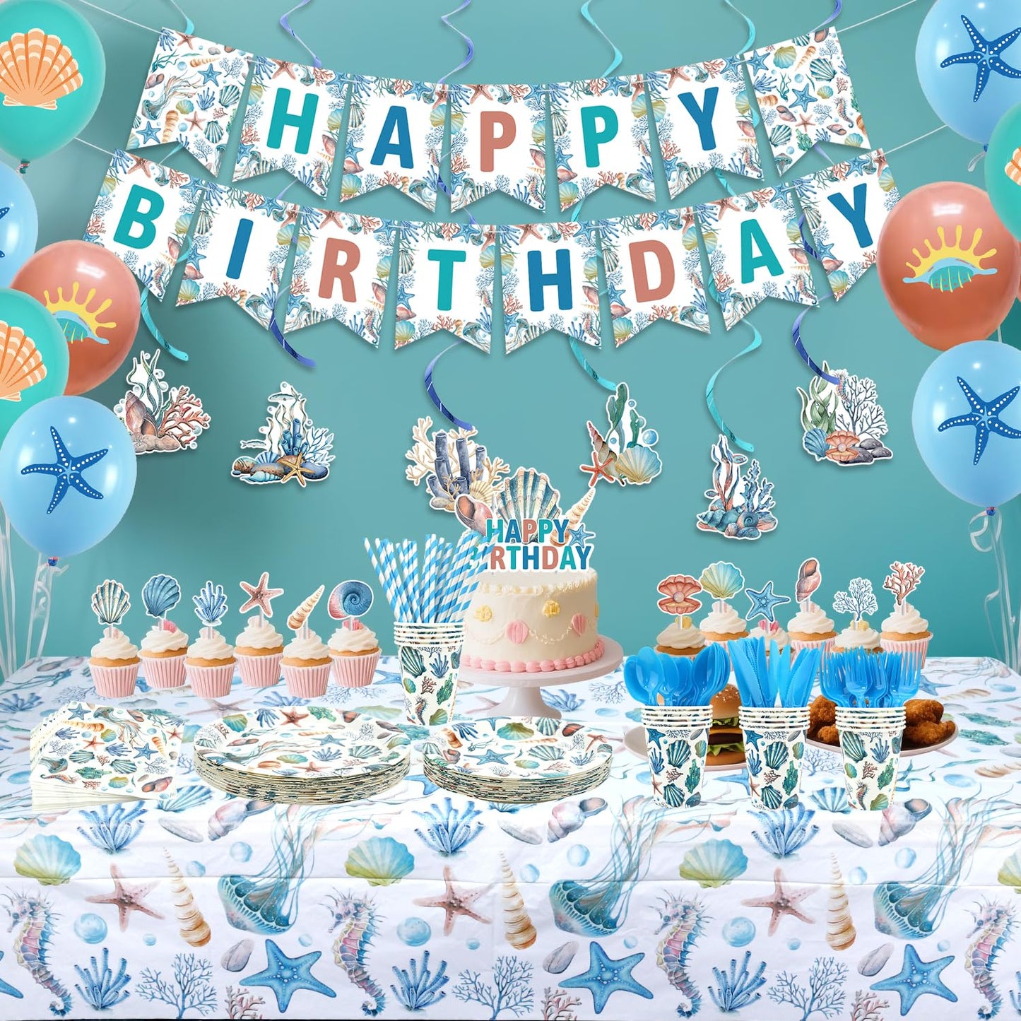 Obussgar Shells Birthday Party Decorations - Shells Party Supplies including Banner, Plate, Cake Topper, Cup, Napkin, Balloon, Tablecloth - Serves 20