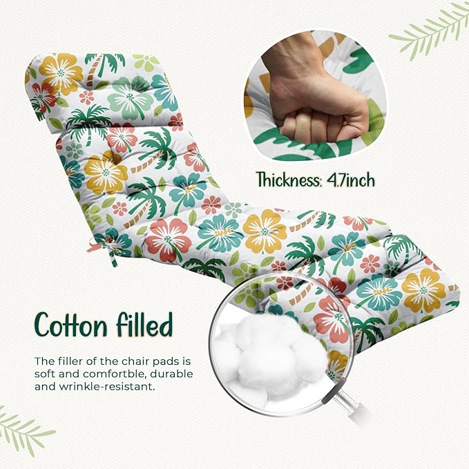 Outdoor Chaise Lounge Chair Cushion 75.1 x 22.8 x 4.7 Inches 100% Waterproof Replacement Cotton Patio Pool Lounge Chair Cushion for Outdoor Furniture with Ties, Green Coconut Tree
