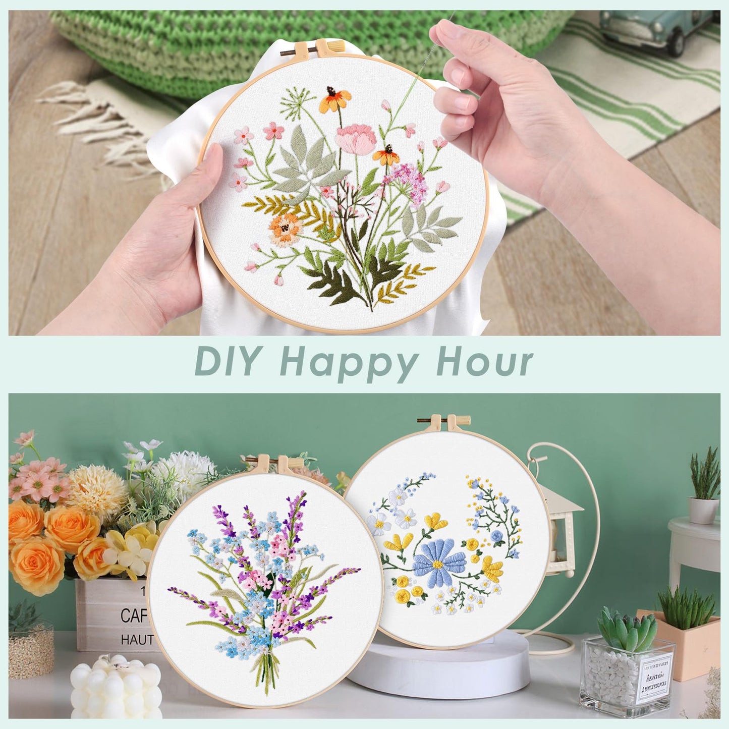 ERKOON Embroidery Kit for Beginners, 5 Sets Flower Cross Stitch Set for Adults Include Embroidery Cloth Hoops Threads for Craft Lover Hand Stitch with Skill Techniques (Flower)