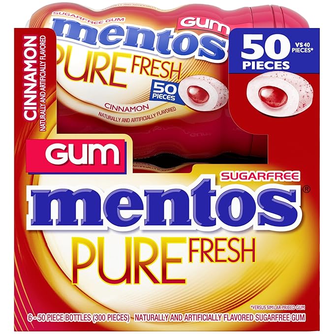 Mentos Pure Fresh Sugar-Free Chewing Gum with Xylitol, Cinnamon, 90% Recyclable Curvy Bottle, 50 Pieces per Bottle, 6 Pack
