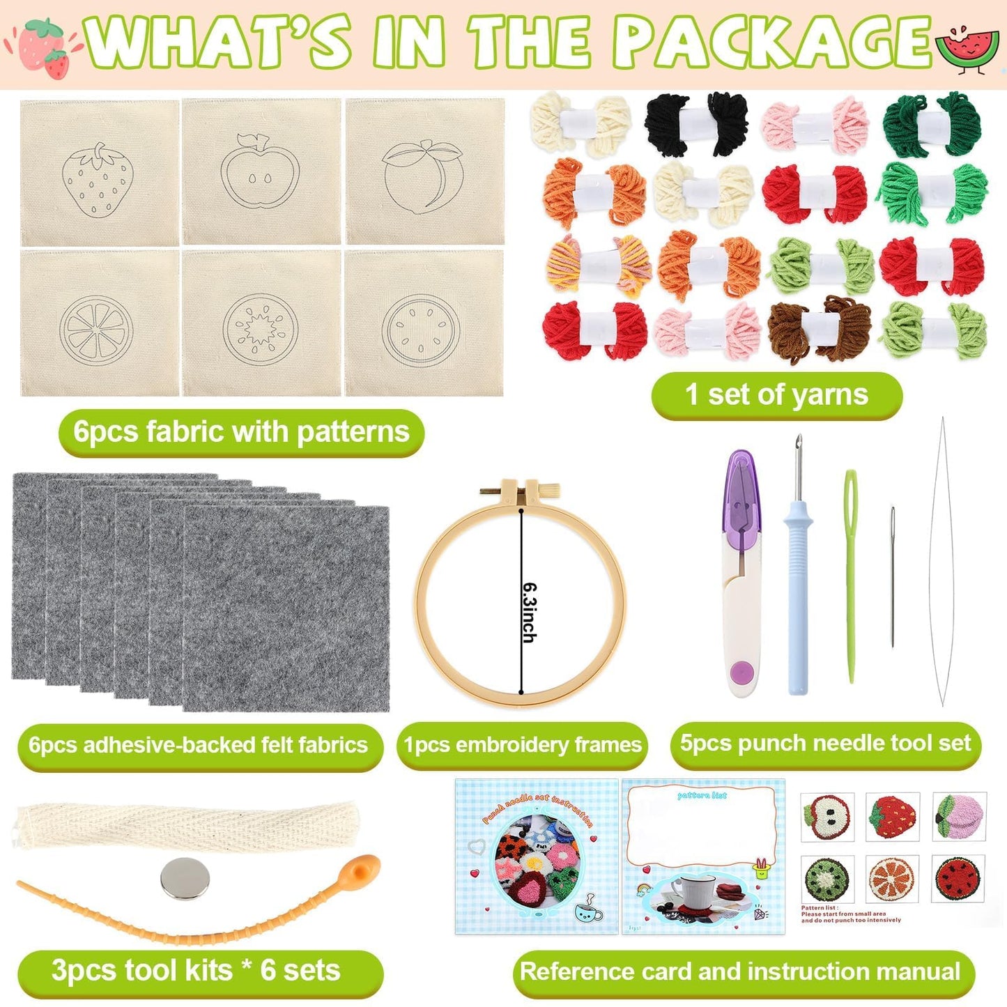 Justforjoyful 6 Set Punch Needle Embroidery Coasters Craft Kits Punch Needle Refrigerator Magnets Kit Tool Threader Fabric for Christmas Winter Beginners Adults DIY Handmade Gifts Party(Fruit)