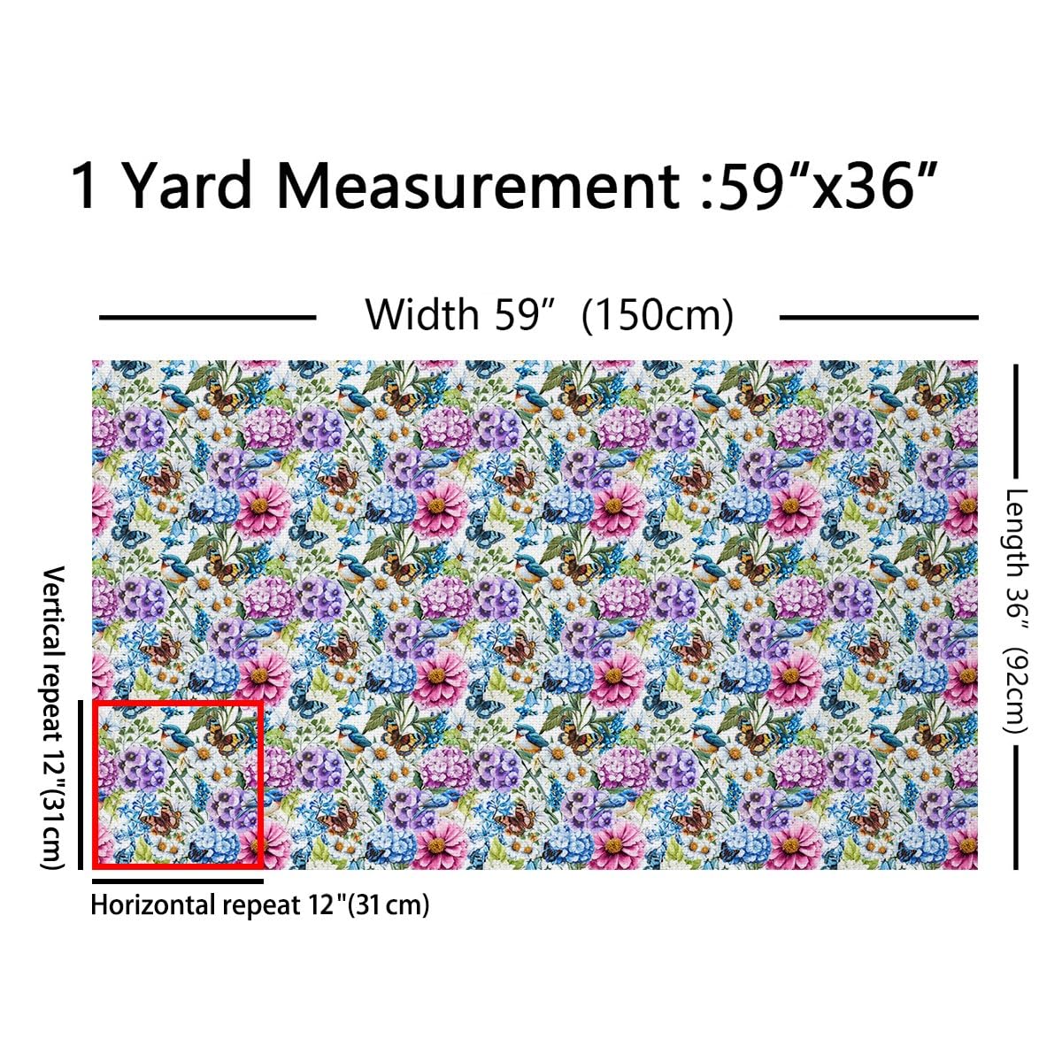Spring Flowers Fabric by The Yard Sofas,Village Florals Birds Butterflies Flannel Polyester Fabric,Watercolor Garden Pattern Indoor Outdoor Fabric,Farmhouse Style DIY Crafts,1 Yard,36" L x 59" W
