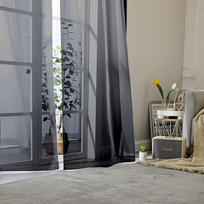 Lecloud Sheer Curtain Panels Set 96" Inches Long, Solid Voile Light Filtering Airy Curtains Window Treatment Drapes for Living Room, 2 Panels Elegant Bedroom Sheer Curtains, Black, 40" Wx96 L