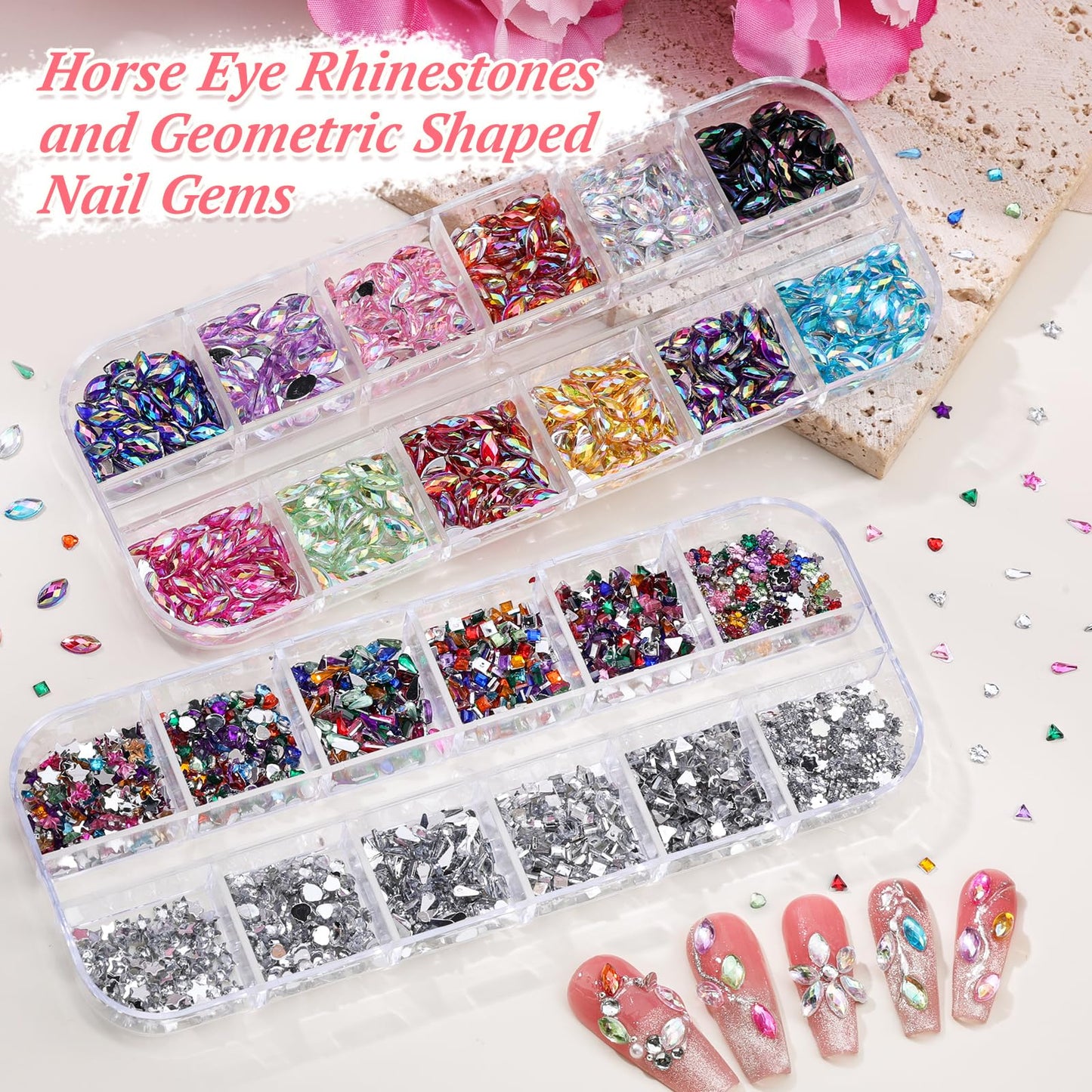 12 Boxes Nail Rhinestones Gems Kit,Gold/Silver Metal Studs,Mixed Sizes Flatback Crystals Rhinestones,Half Pearls,Sequins,Foil Flakes with Tweezers & Dotting Tools for DIY Manicure