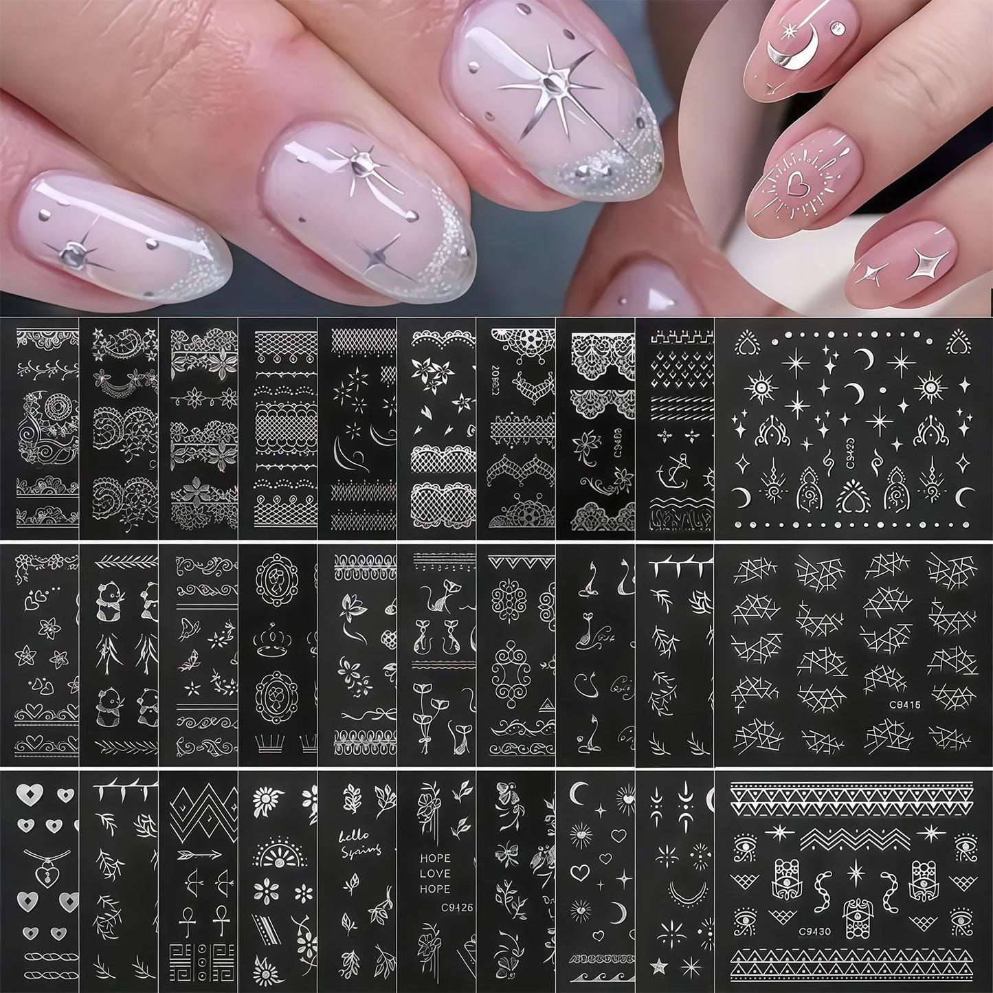 30 Sheets Silver Bohemian Nail Stickers, 3D Self Adhesive Retro Lace Leaf Cat Nail Decals Designs Decorations Accessories for Women Girls, Wedding Party Nails
