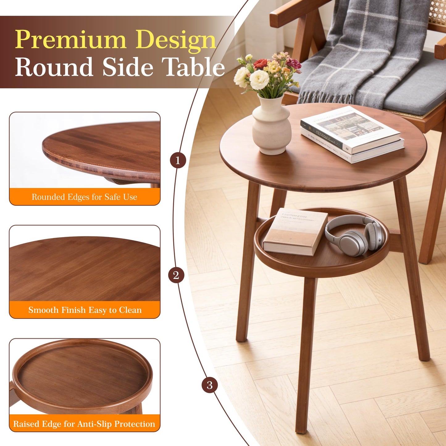 VELOHEIM Bamboo Round Side Table, 2-Tier Small Space End Table with Storage Shelf, Mid-Century Modern Rustic Style Narrow Table for Living Room Bedroom Sofa Side