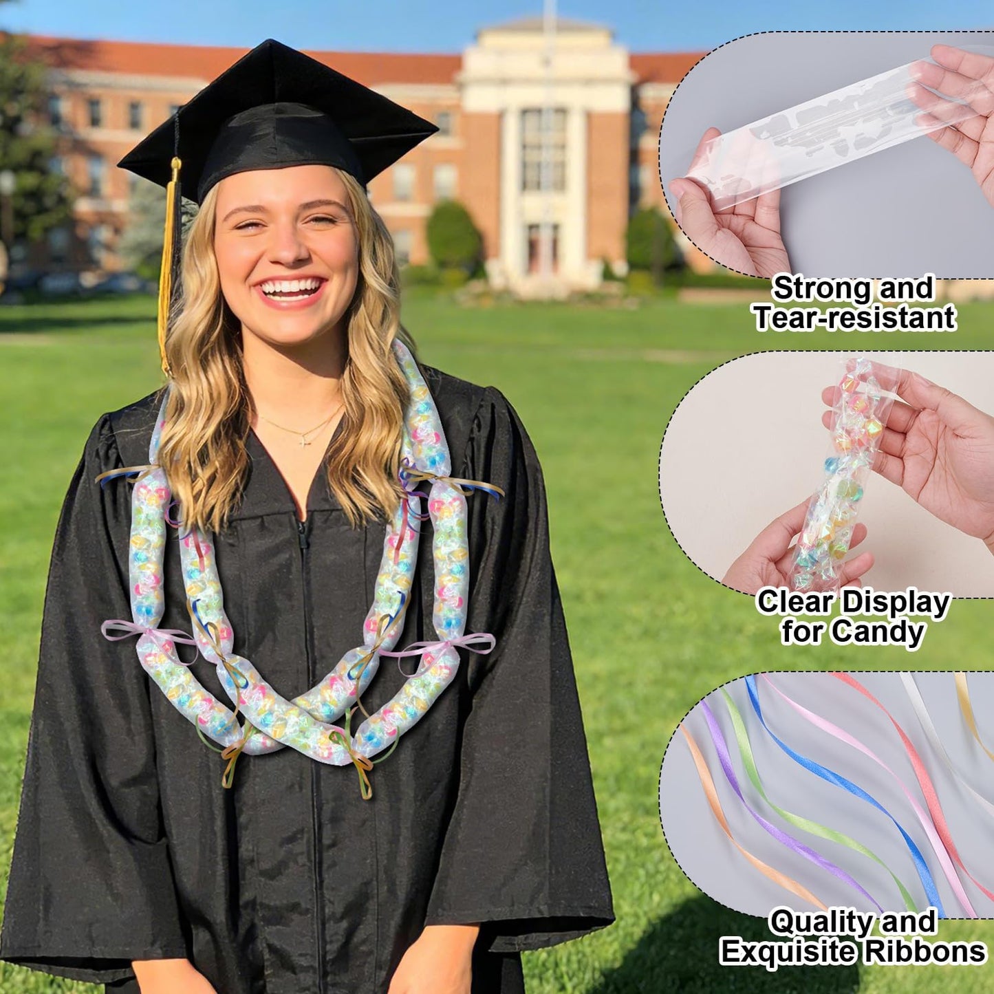 ARCTURINE 2 inch x 394 ft Candy Lei Poly Tubing with 175 yd Ribbon, Clear Graduation Candy Lei Making Kit with Plastic Poly Tube 16 Rolls Ribbon for DIY Graduation Garland Wreath Decor Snacks Wrapper