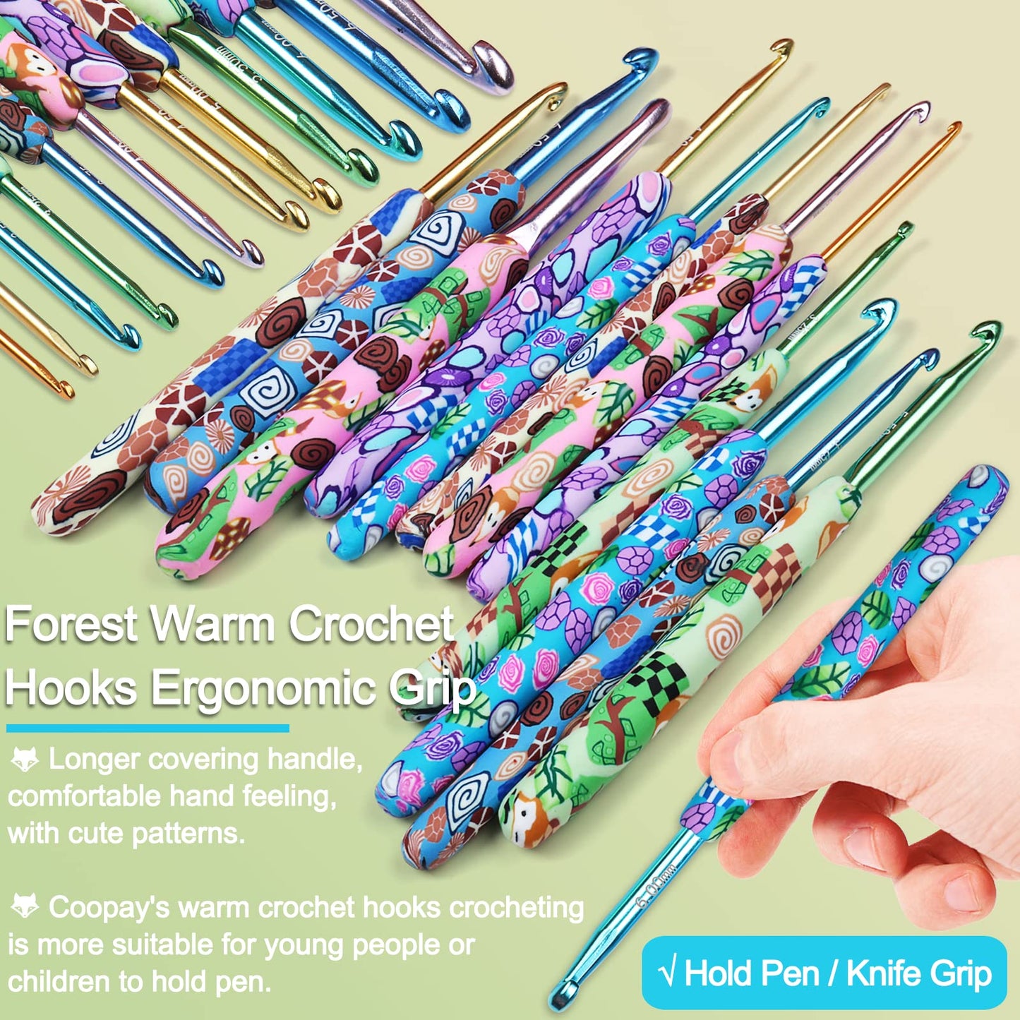 Coopay 12 Sizes Crochet Hooks Set with Case, Comfort & Sturdy Forest Crochet Hooks Ergonomic Soft Grip for Crocheting Yarn, Crochet Counter Track Stitches, Ideal Crochet Starter Kit
