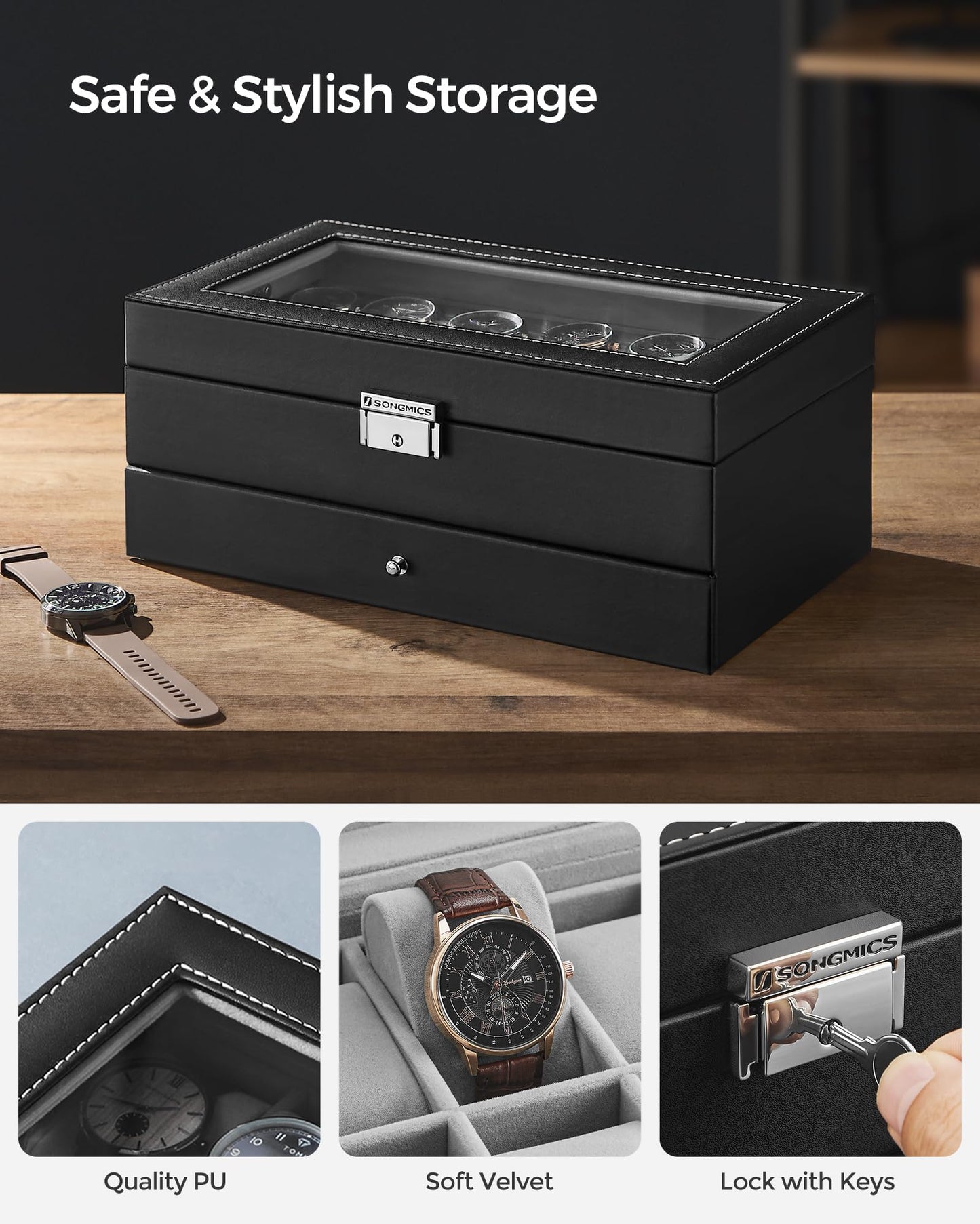 SONGMICS Watch Box, 12-Slot Watch Case Organizer with Large Glass Lid, 2 Layers, Removable Pillows, Metal Lock, Gift for Loved Ones, Black Synthetic Leather, Gray Lining UJWB012