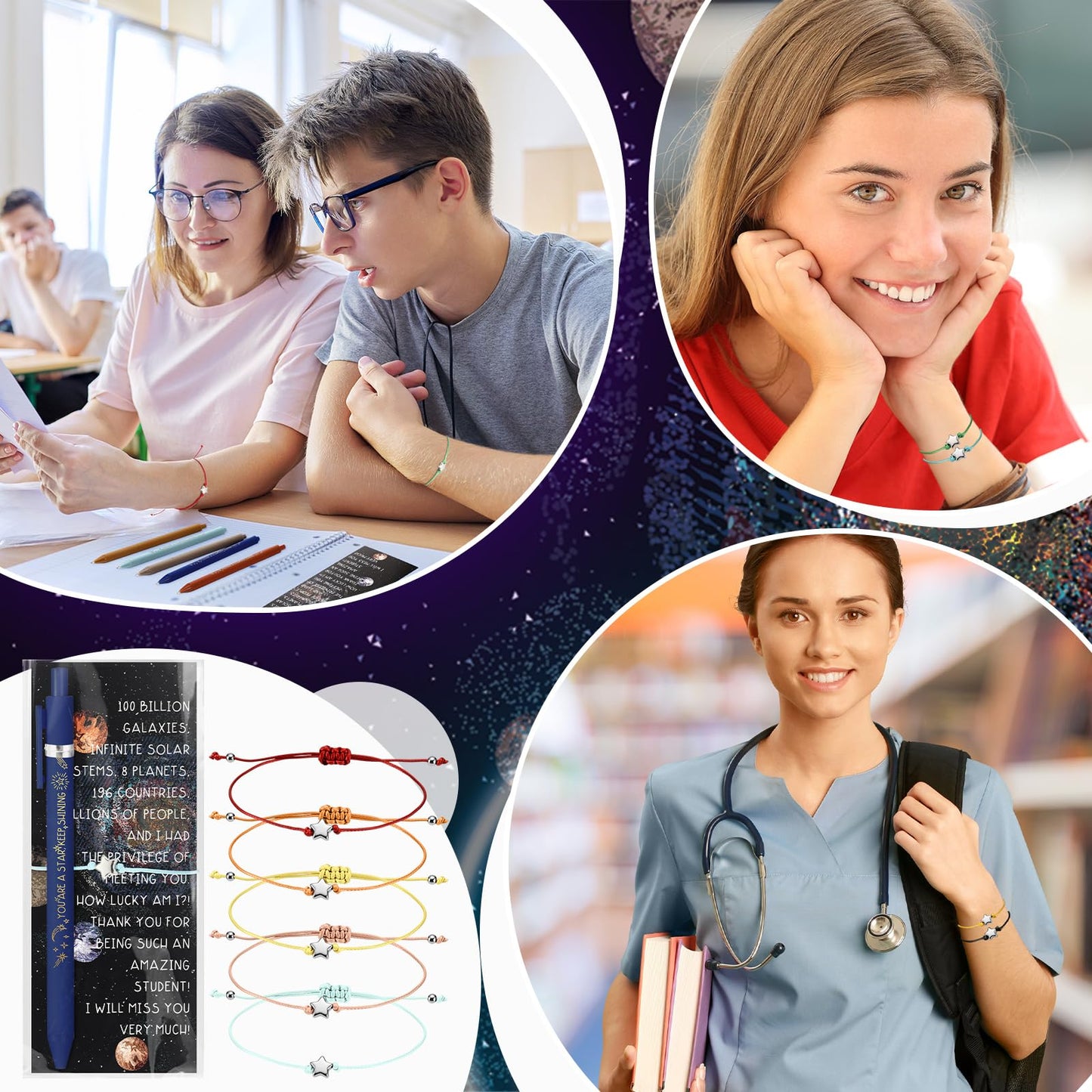 Sayglossy 20 Sets Inspirational Pens, Star Bracelets and Space Planet Bookmarks Gifts for Galaxy Students Gift Party Favors Classroom Supplies