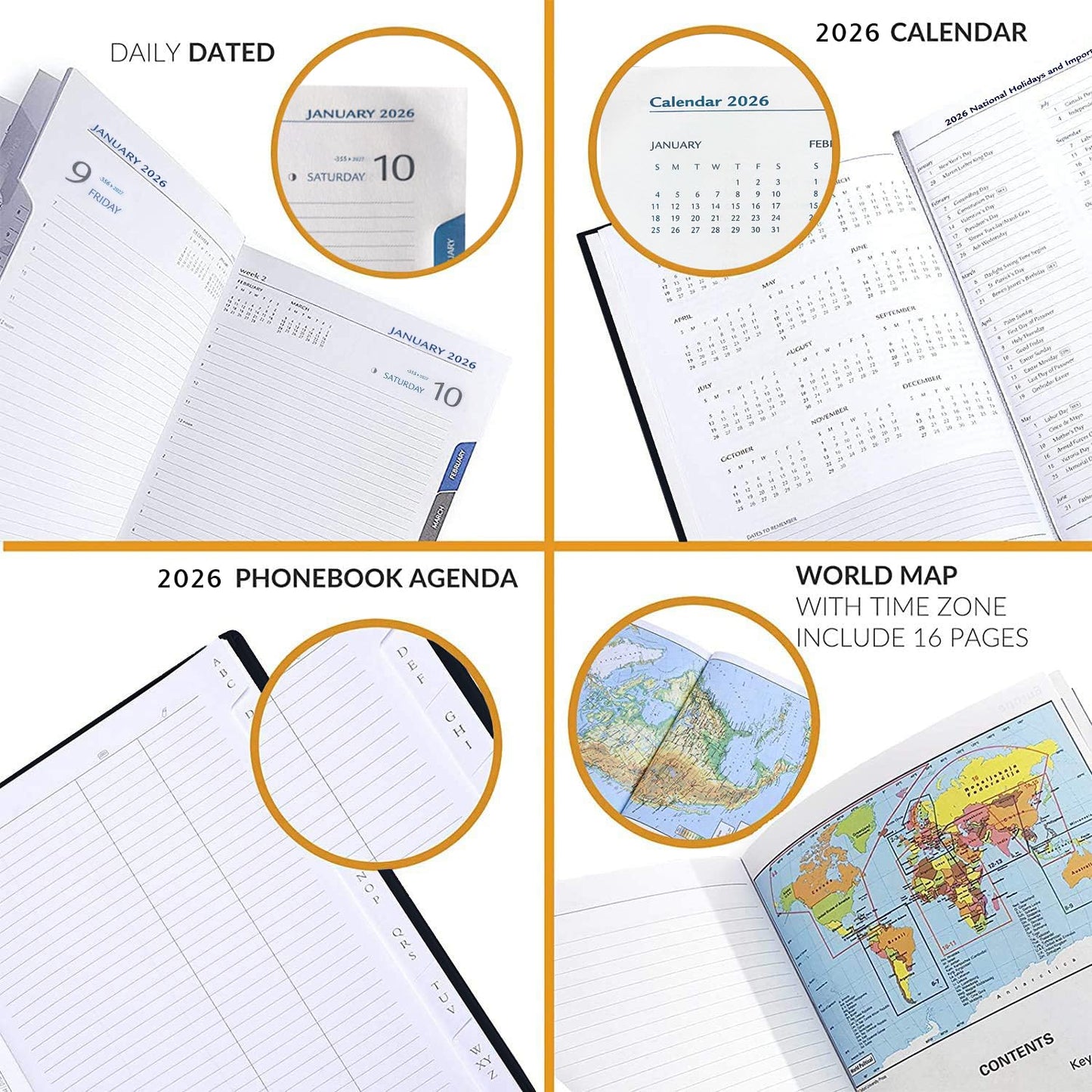 Leather Executive Daily Planner 2026 – A5-Compatible (8.3 x 5.9 in), One Page per Day Hourly Business Agenda, 416 Pages, Monthly Tabs, Hardcover – Made in Italy (BLACK 2026)