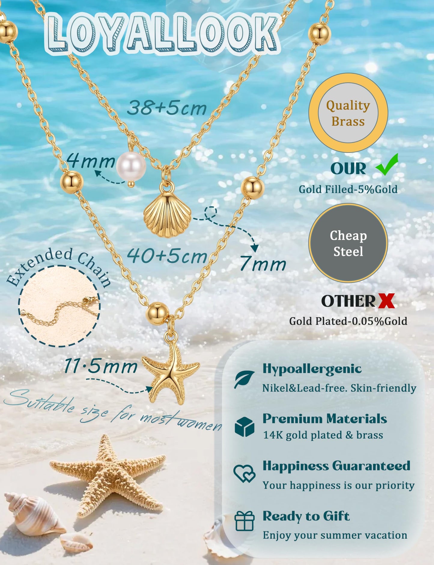 LOYALLOOK Shell Starfish Necklace for Women, 14k Gold Plated Dainty Layered SeaShell Starfish Charm Necklace Stack, Non Tarnish Waterproof Gold Beach Accessories for Summer Vacation