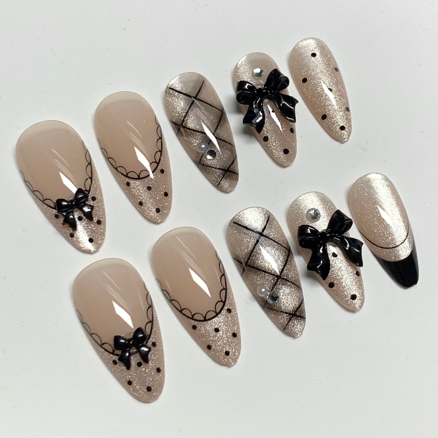 BABALAL Press On Nails, Medium Almond Fake Nails, Black French Tip, Cat Eye Bling Design With Bow Plaid Design, Y2k Kawaii Polka Dot Glue On Nails 24Pcs