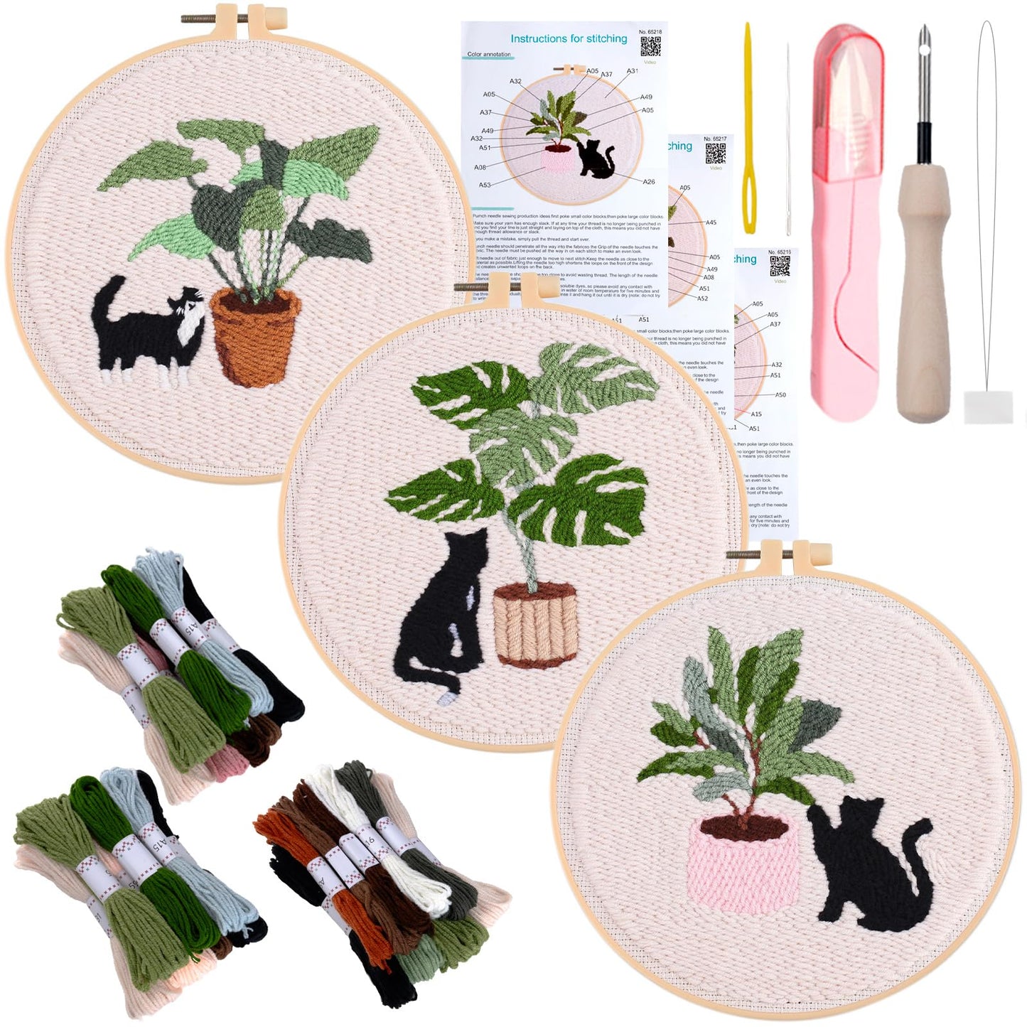 Peotclola Punch Needle Kit for Adults,3 Sets Punch Needle Kits Beginner DIY Embroidery Starter Set with Tools for Home Decoration, Family, Friends Gifts Cats